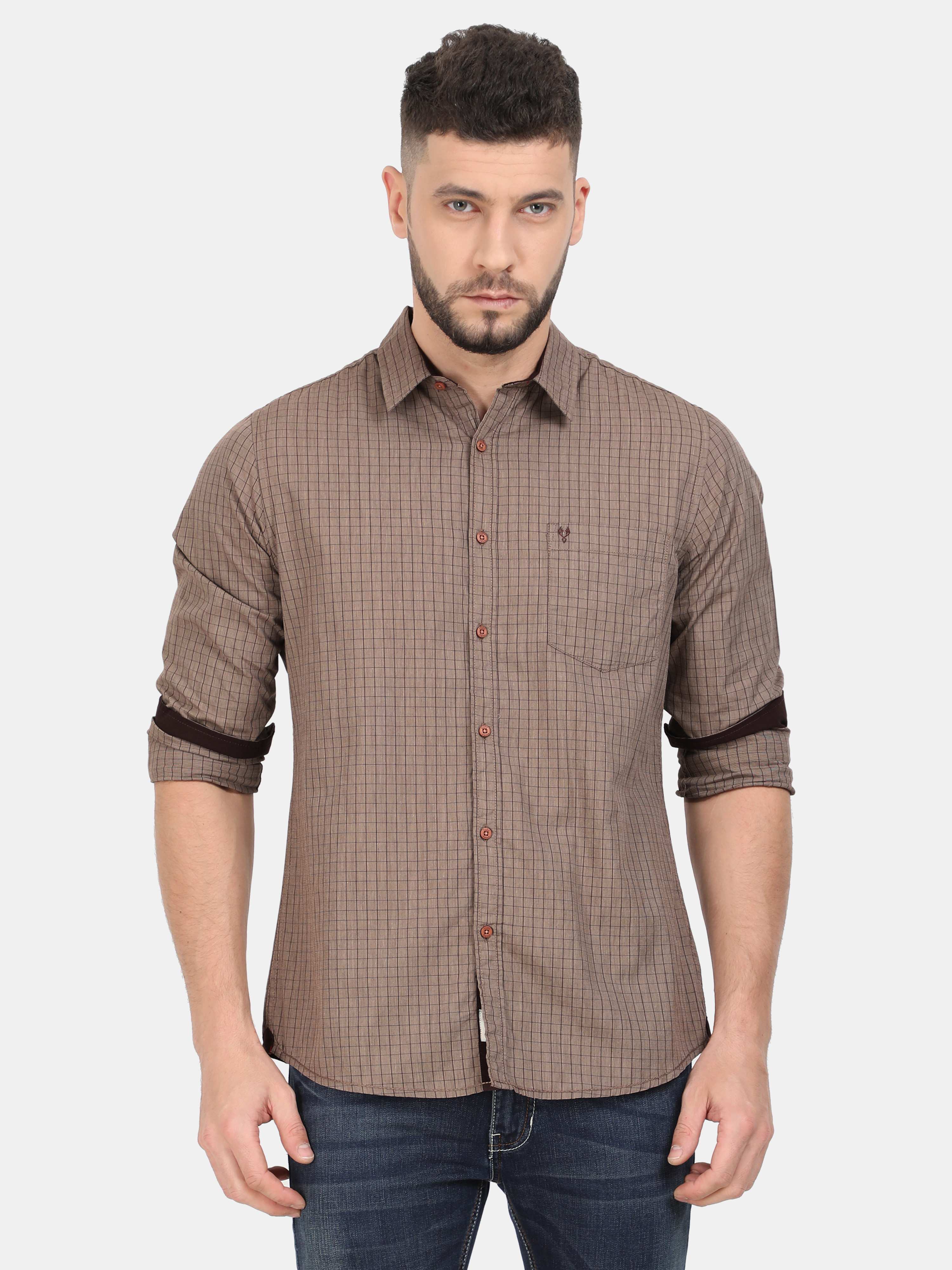 Vudu Creamy Chocolate Brown Checkered Full Sleeve Shirt