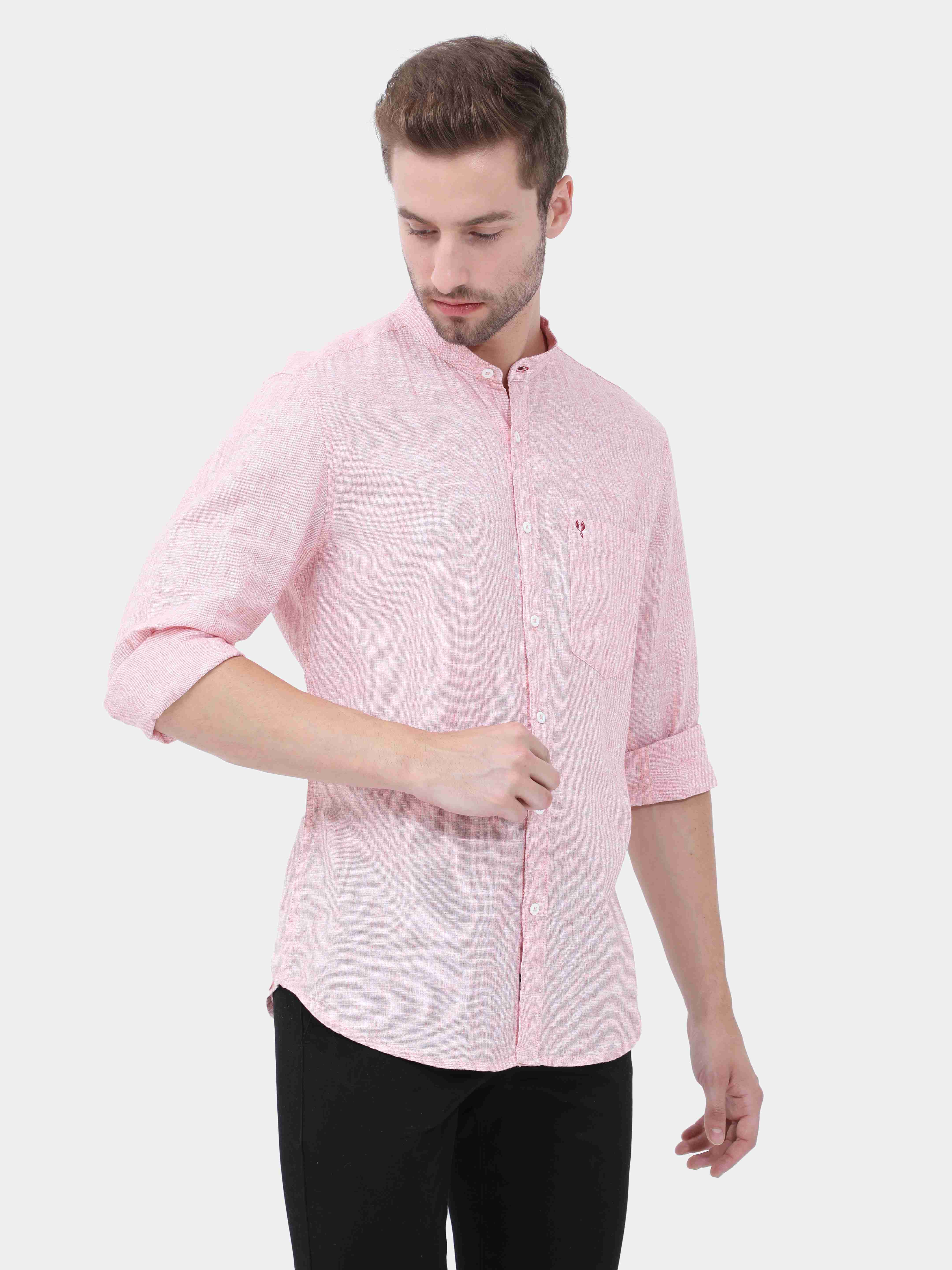 Vudu pink Dobby horizontal stripes, Full Sleeve Shirt, regular fit, mandarin collar