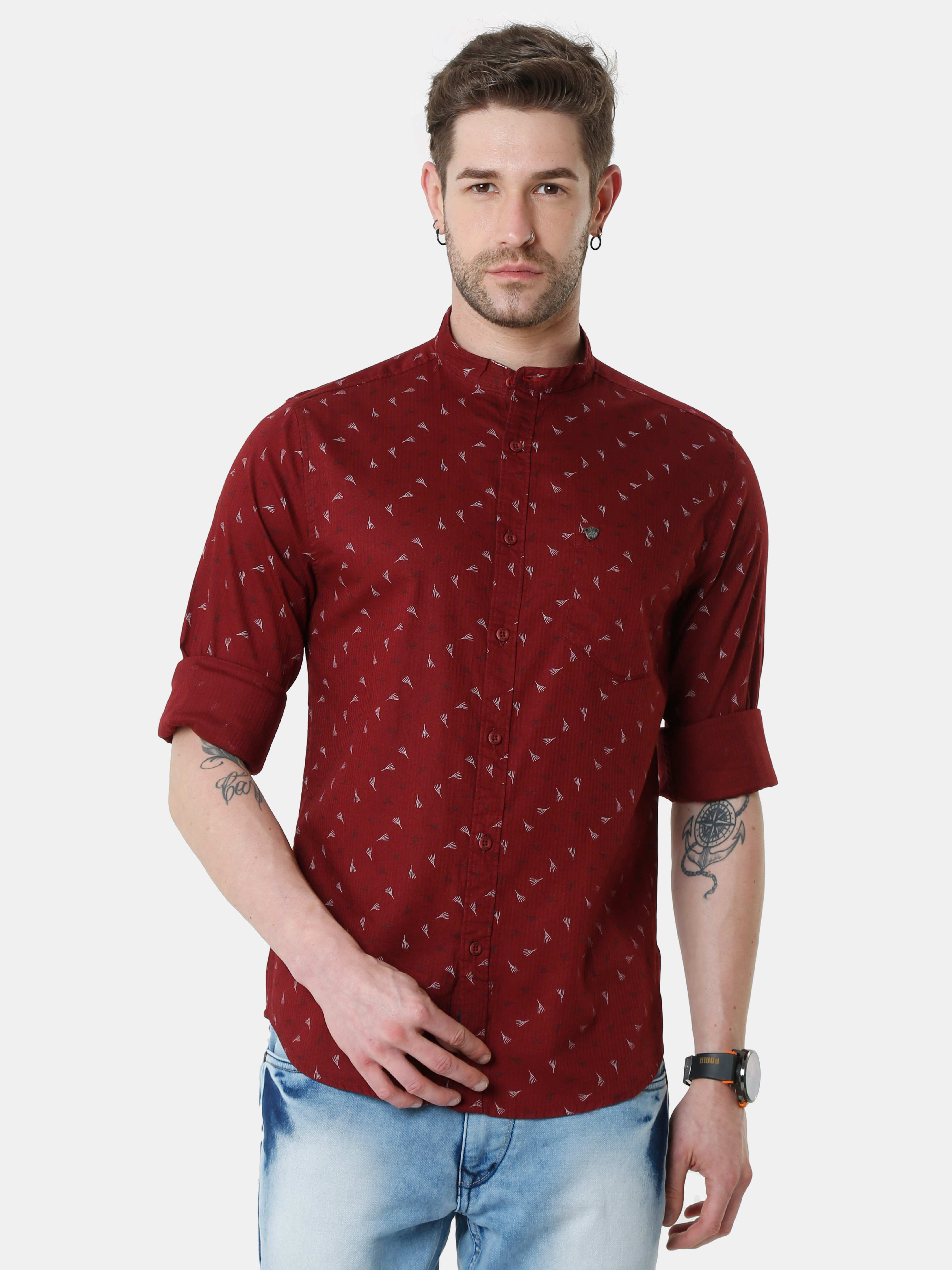 Vudu Burgundy shirt with small all over prints, Mandarin collar