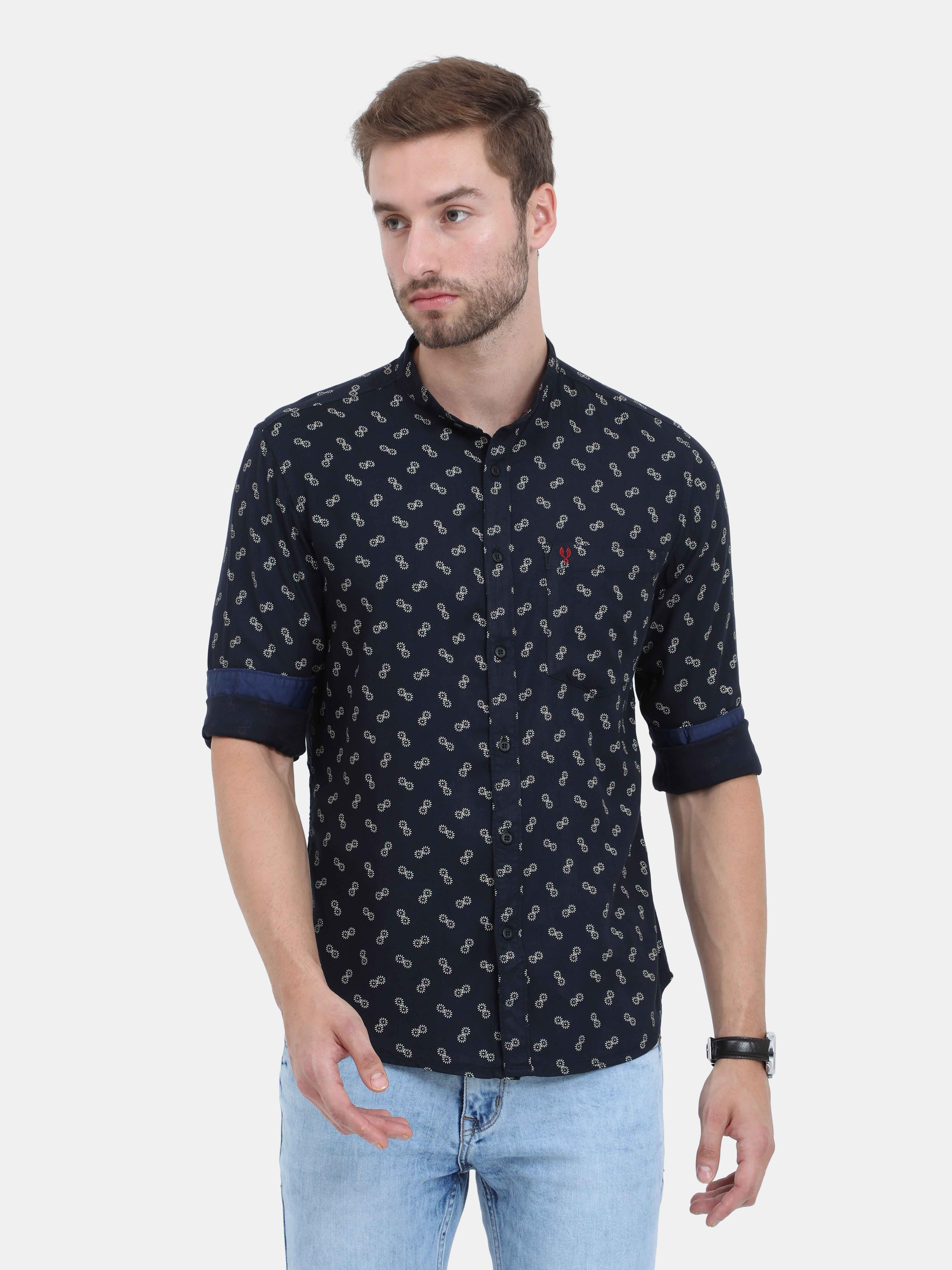 Vudu Black shirt with all over fine Prints Full Sleeve Shirt, with Navy lining on Inner sleeves and Guzzete, Regular Fit - 1% Cotton