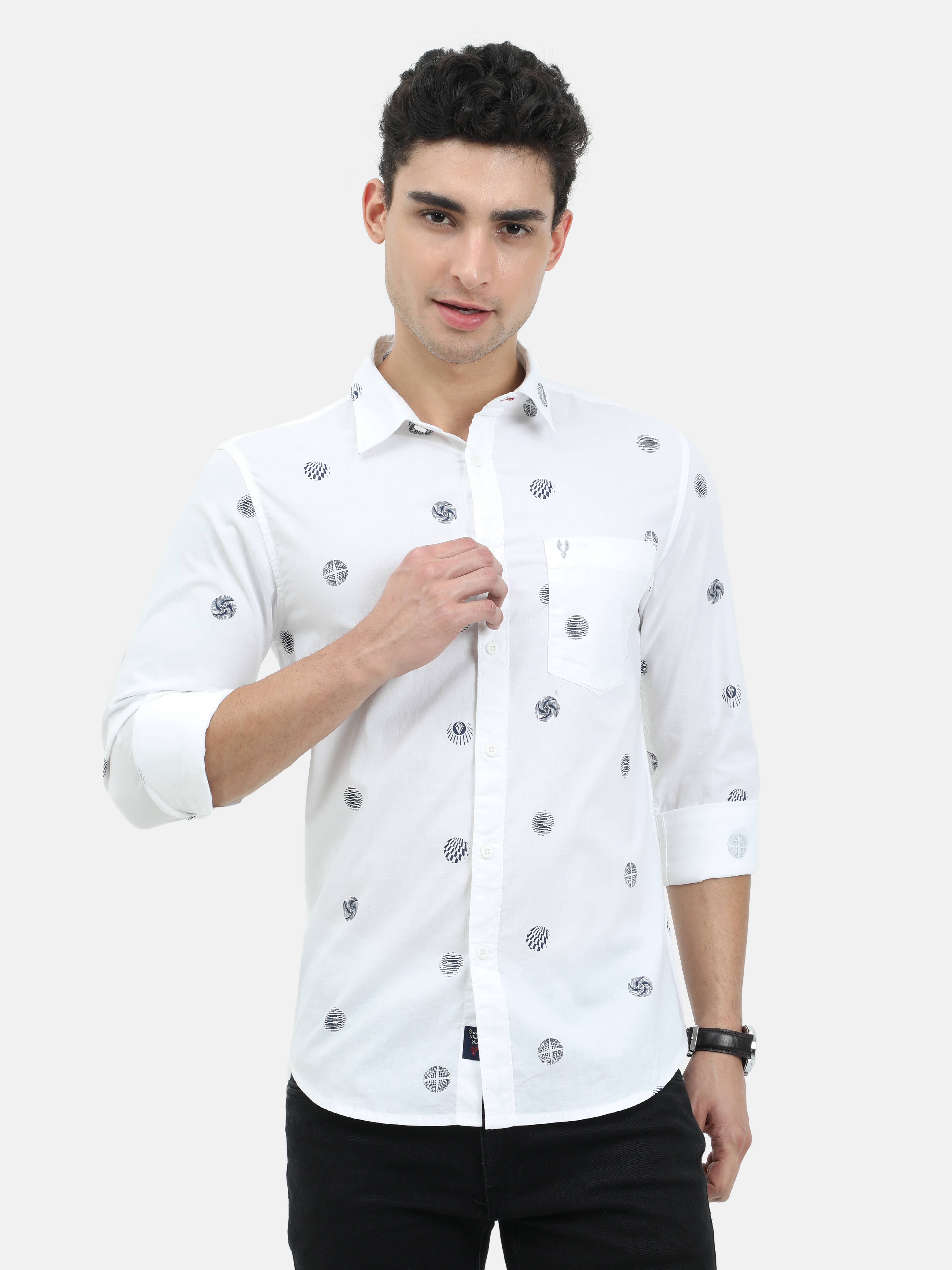 VUDU White with Black Geometric Allover Print Shirt
