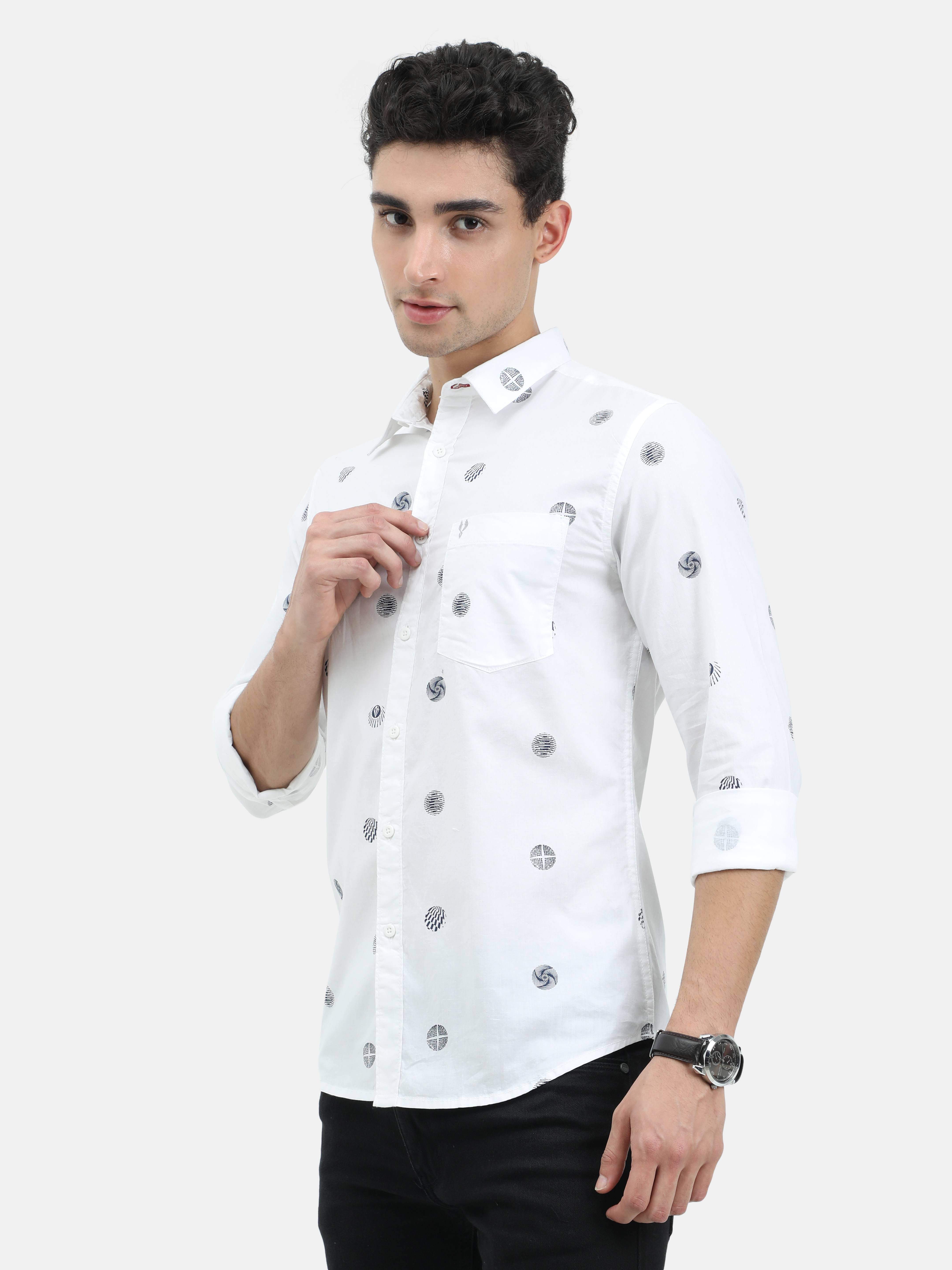 VUDU White with Black Geometric Allover Print Shirt