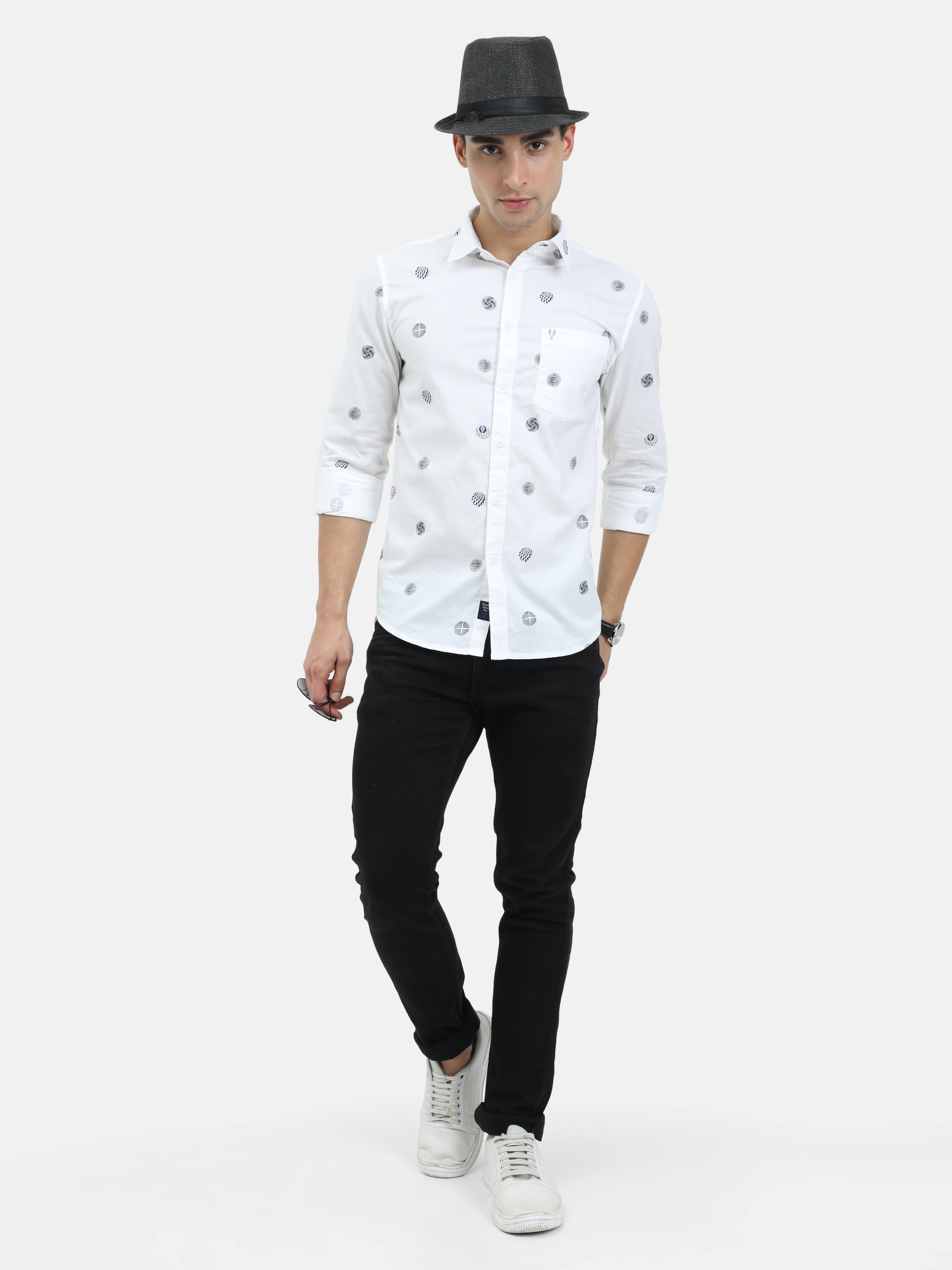 VUDU White with Black Geometric Allover Print Shirt