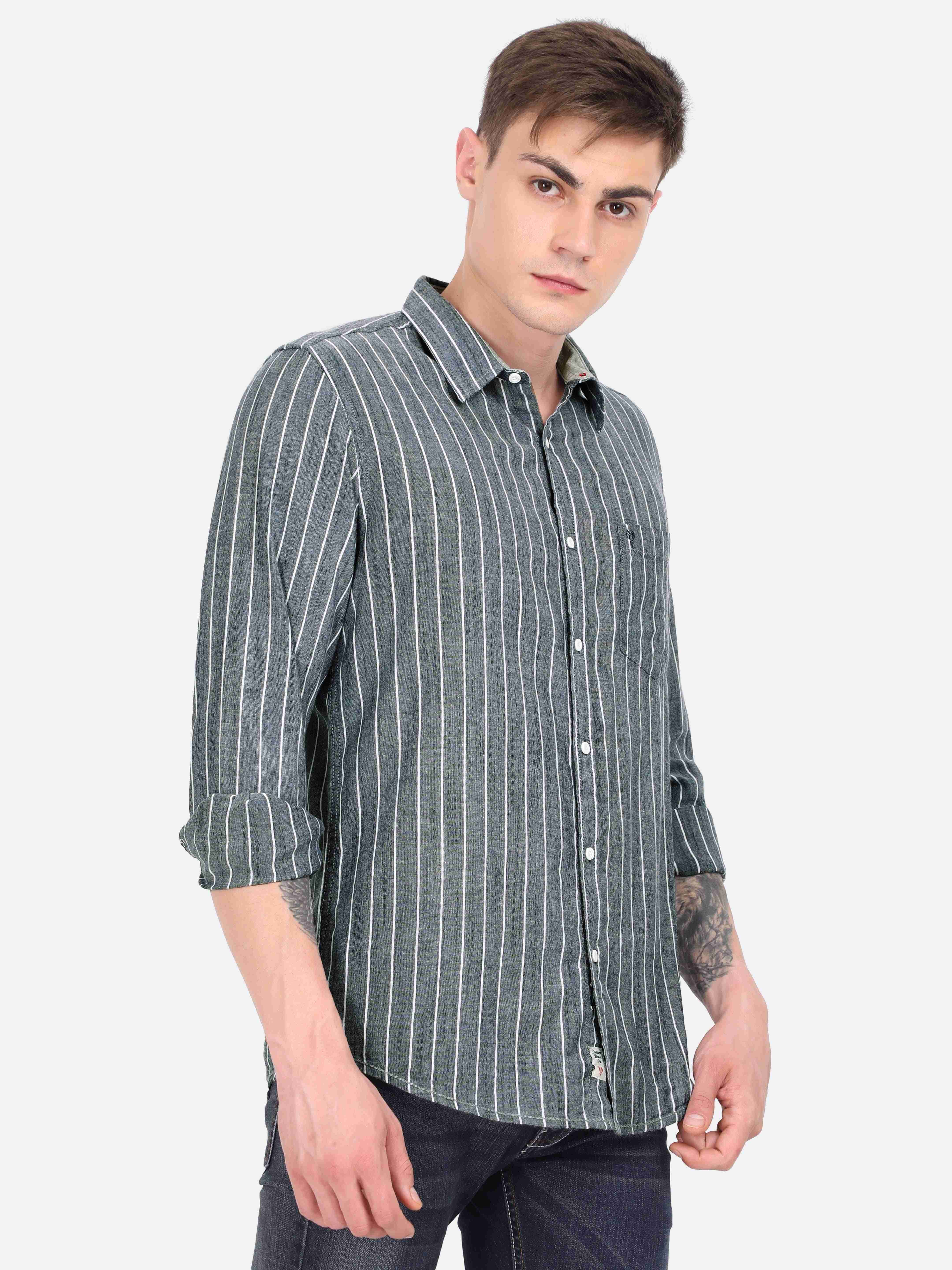 Vudu Grey & White Full Sleeve Striped Shirt