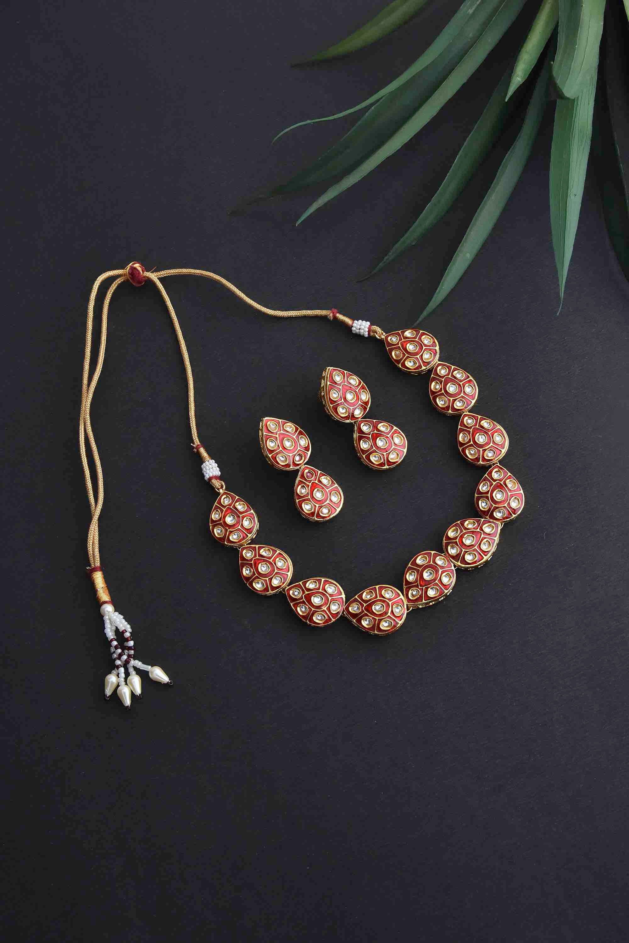 Swabhimann Jwellery | Red Gold Tone Kundan Meenakari Necklace Set 1