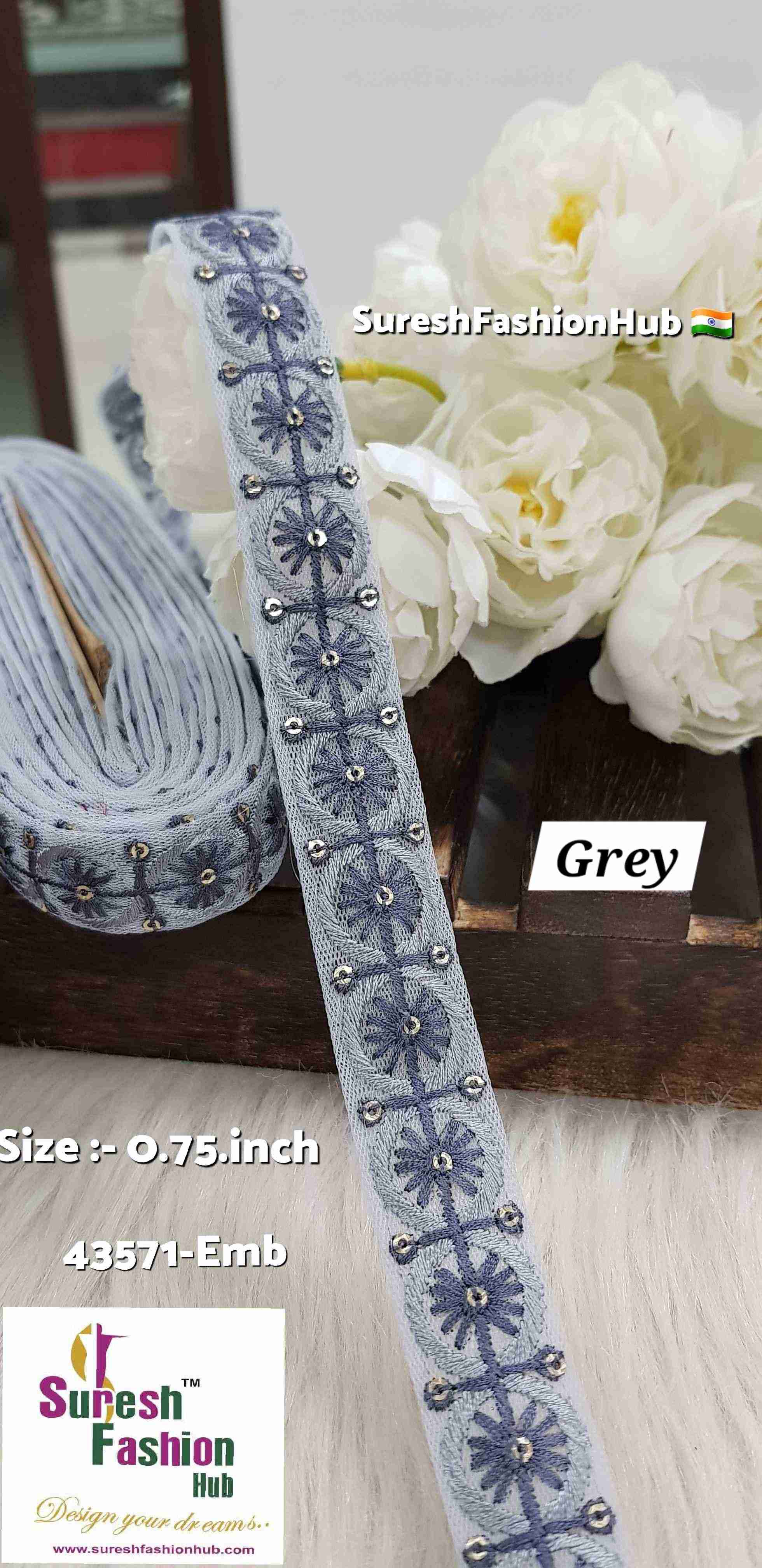 Grey  Color Floral Circles Embroidery Lace