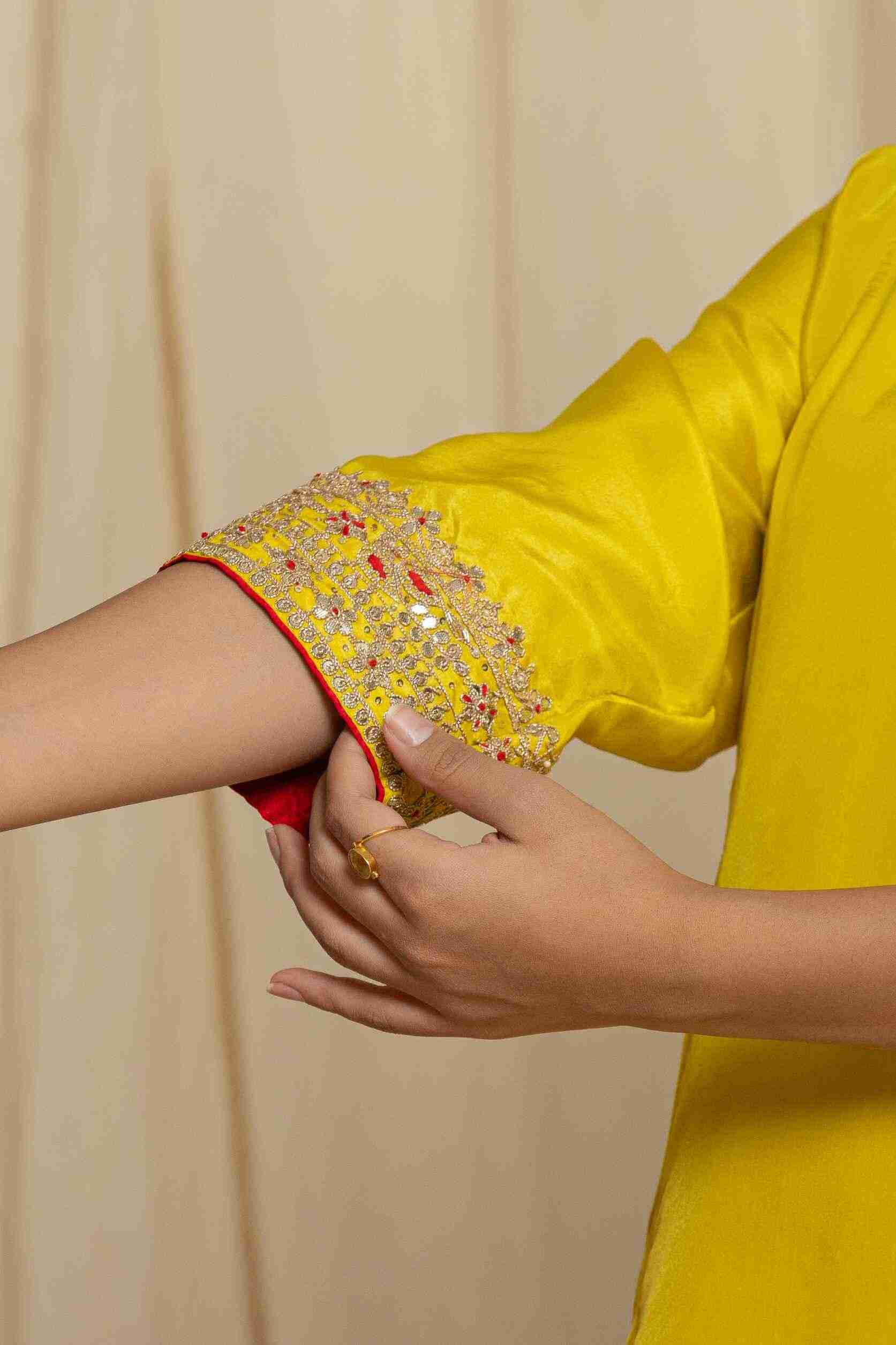 Red-yellow silk handwork kurta set