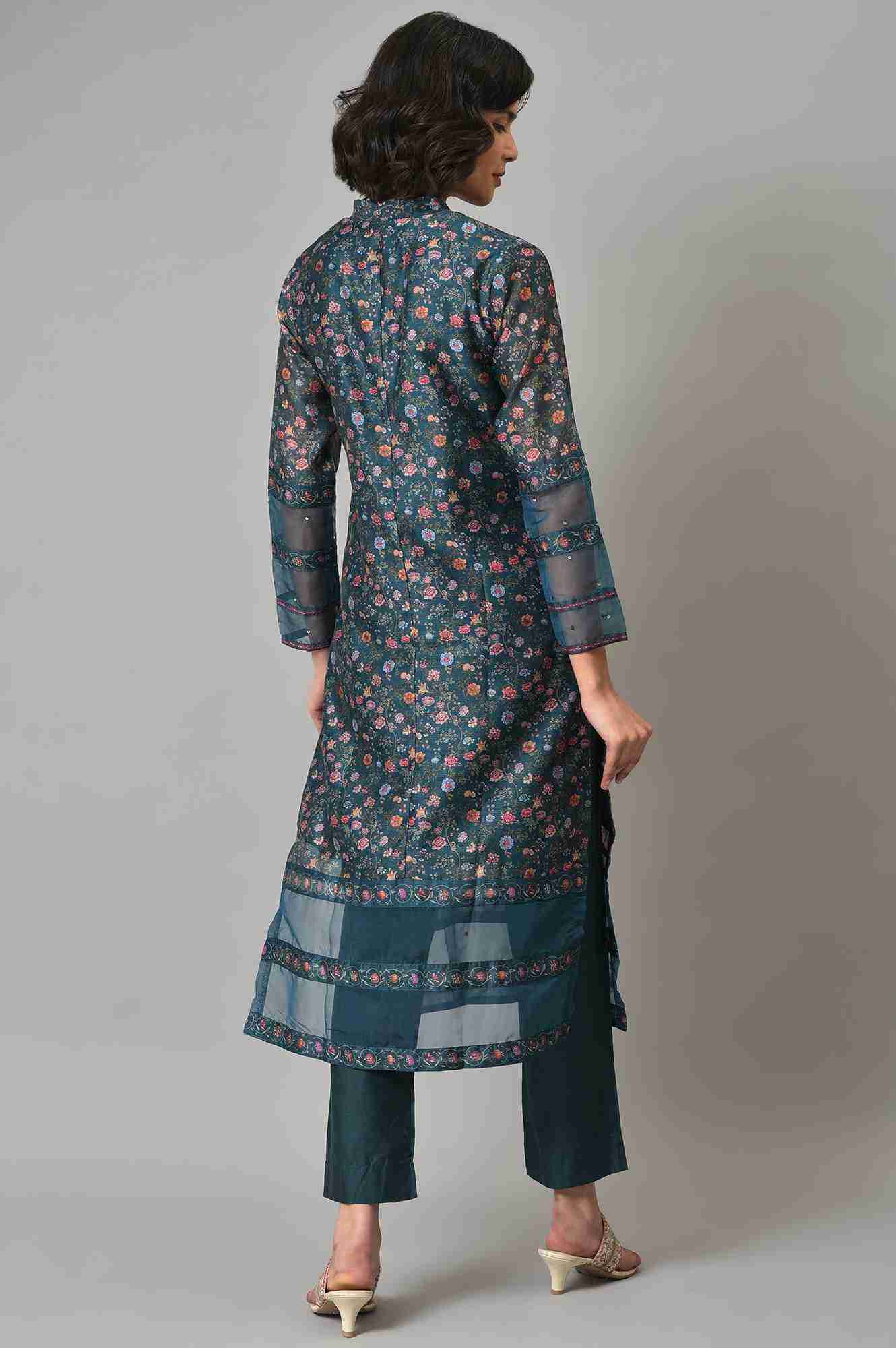 Wishful by W Dark Green Floral Print Kurta With Pants (Wishful X Rahul Mishra)