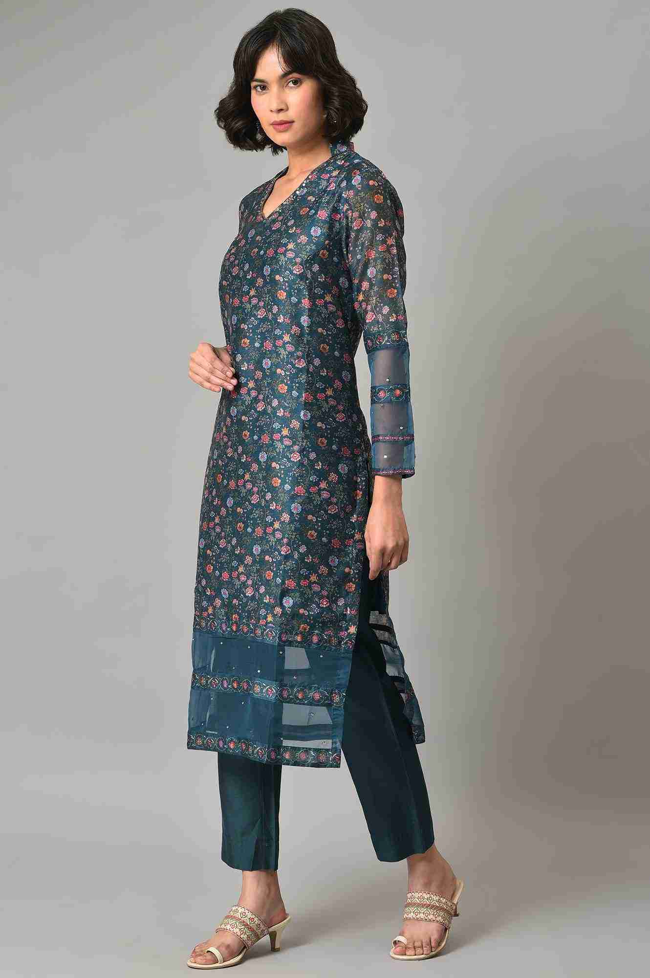 Wishful by W Dark Green Floral Print Kurta With Pants (Wishful X Rahul Mishra)