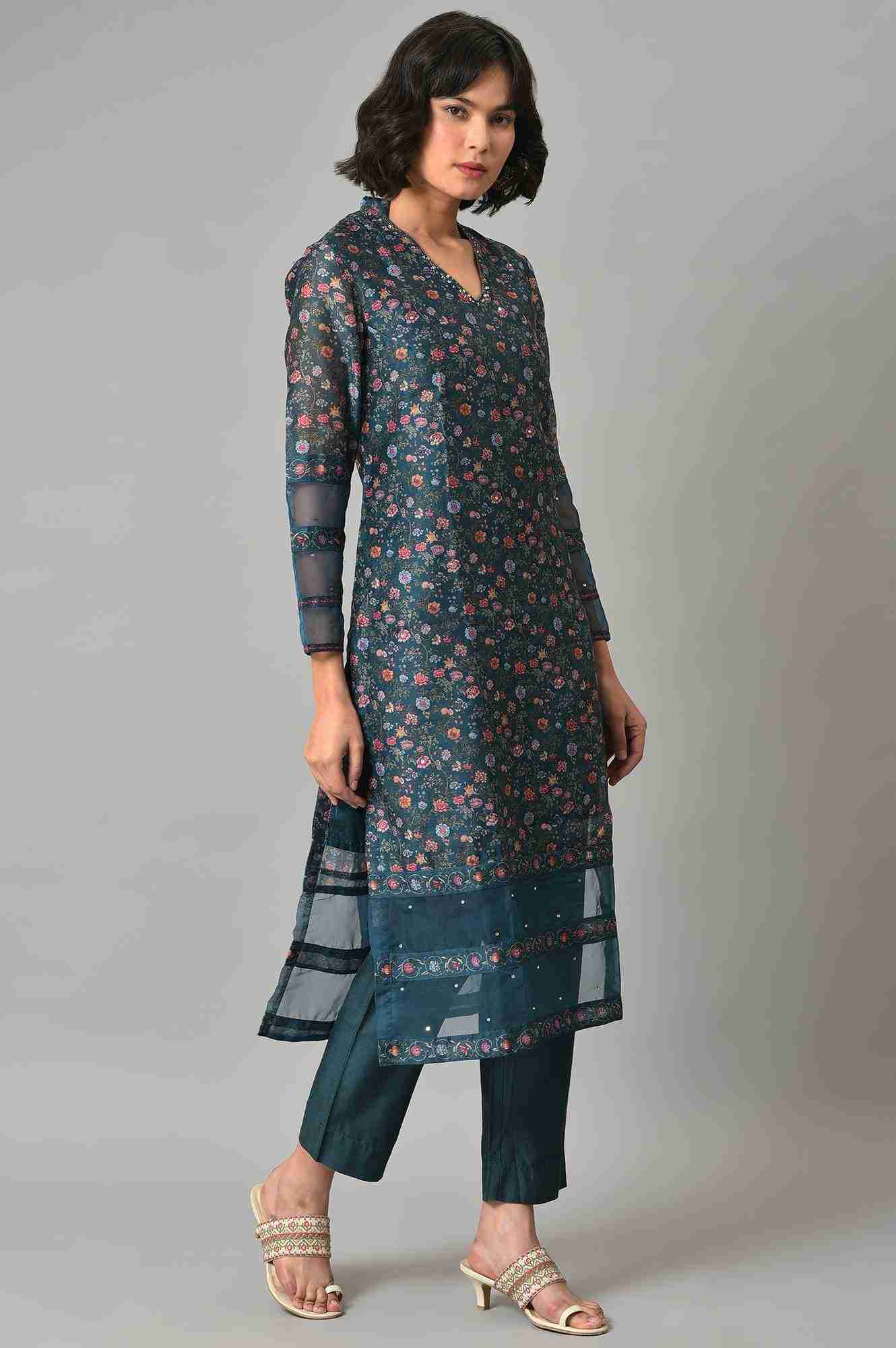 Wishful by W Dark Green Floral Print Kurta With Pants (Wishful X Rahul Mishra)