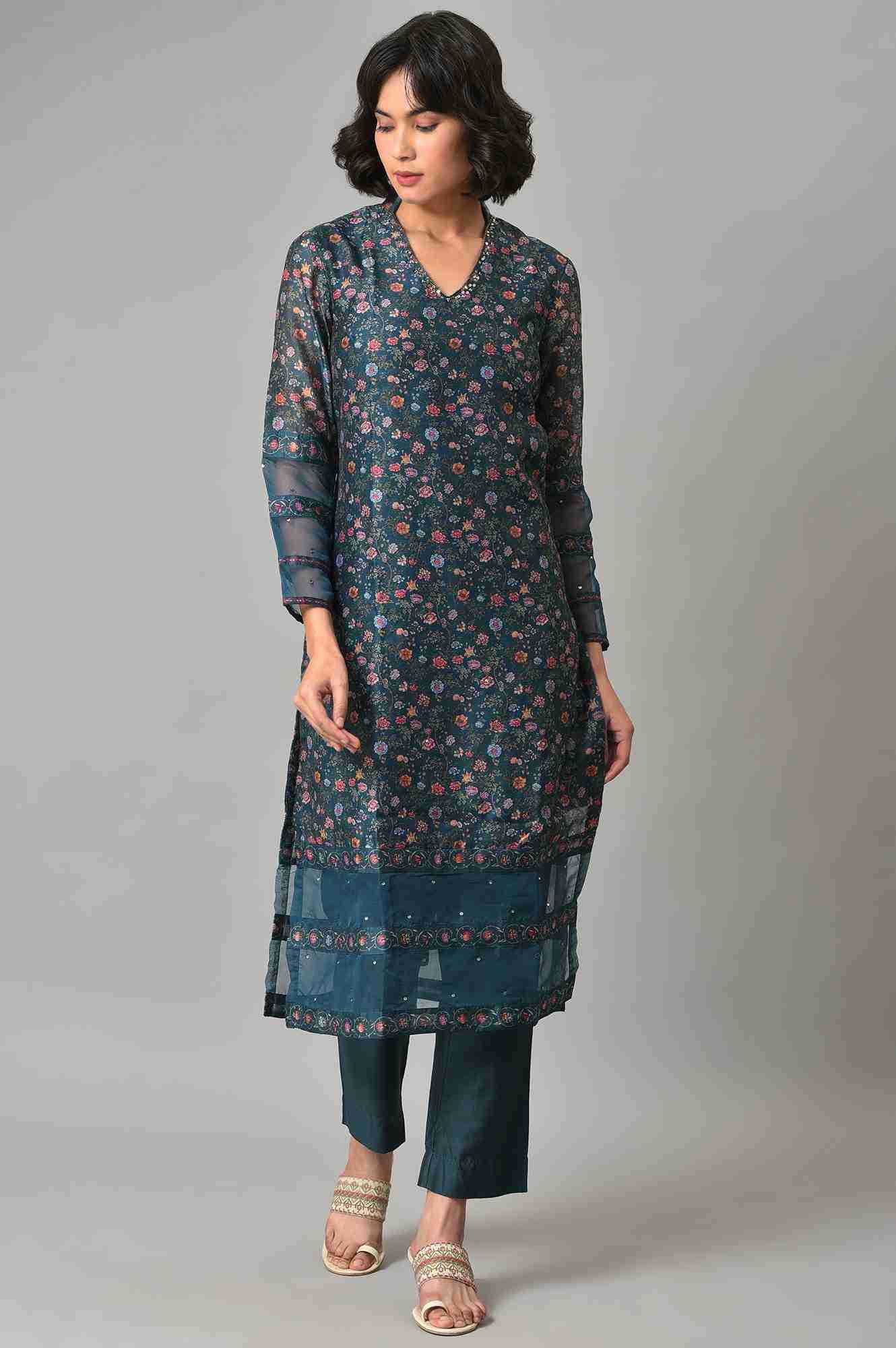 Wishful by W Dark Green Floral Print Kurta With Pants (Wishful X Rahul Mishra)