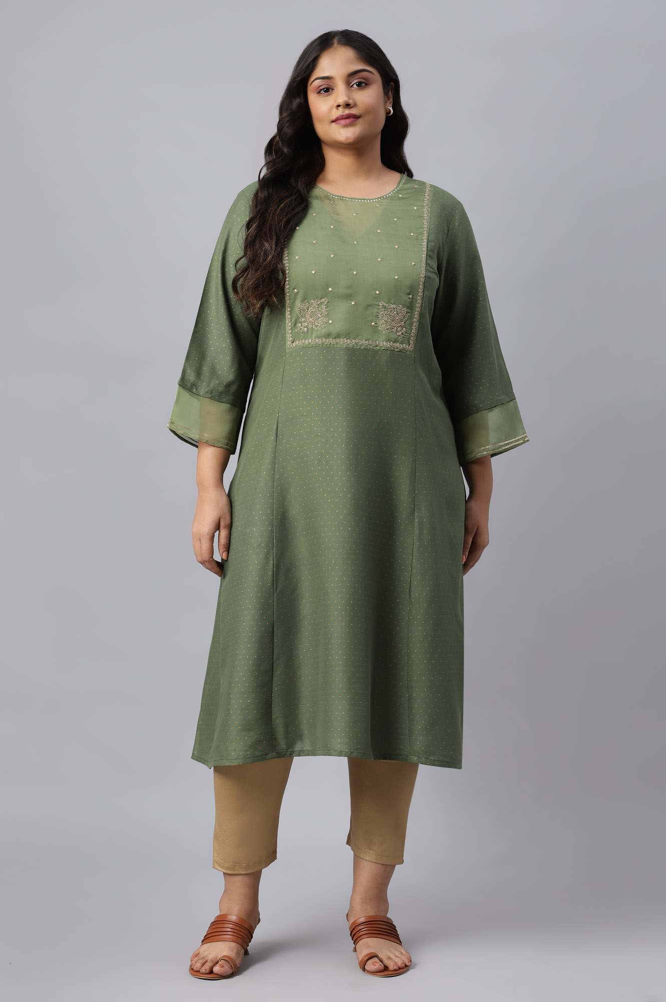 Pop Green Printed Festive Full Placket Plus Size kurta main image 0