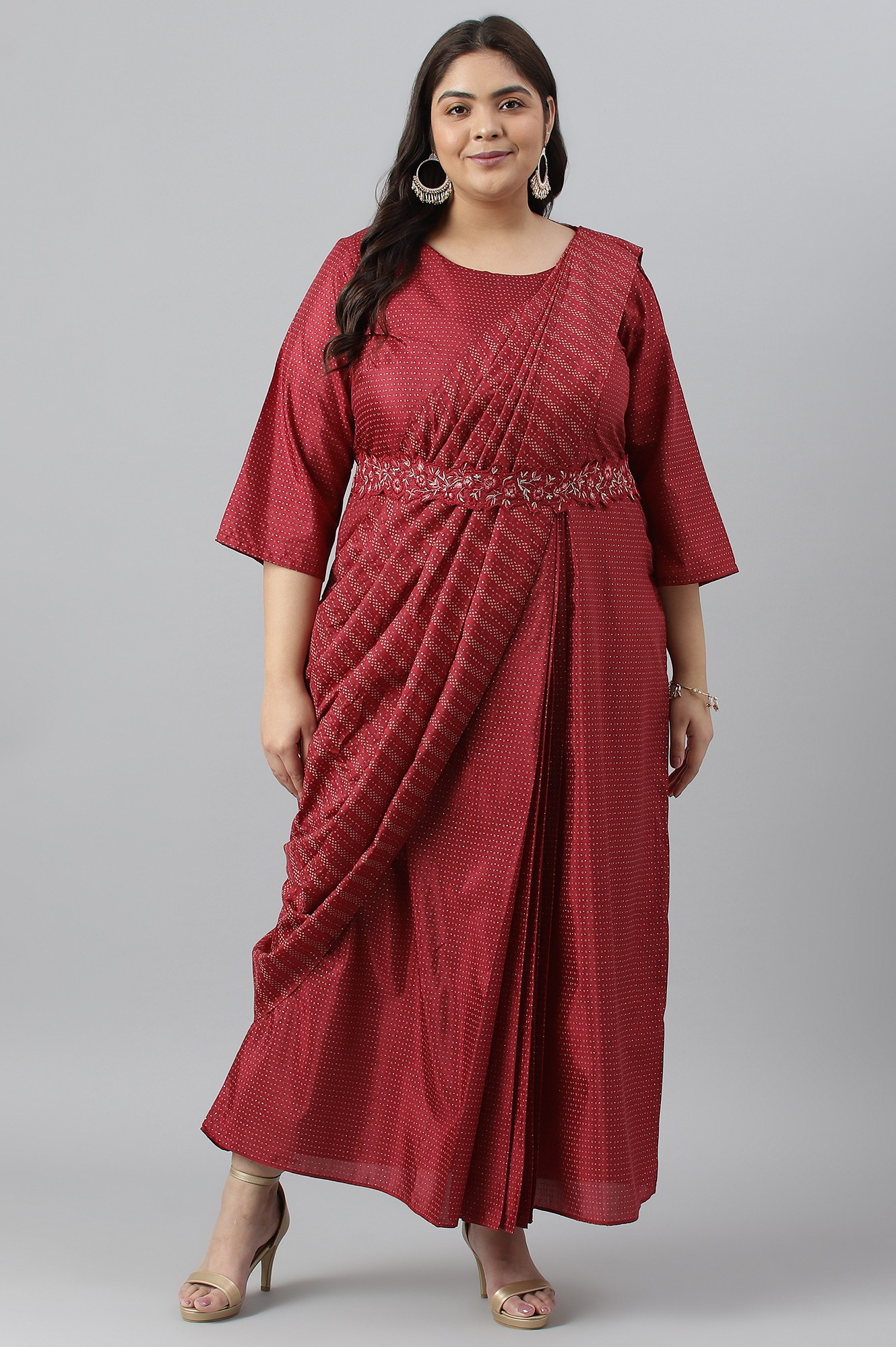 W | W Plus Size Maroon Insta Saree Dress with Embroidered Belt 0