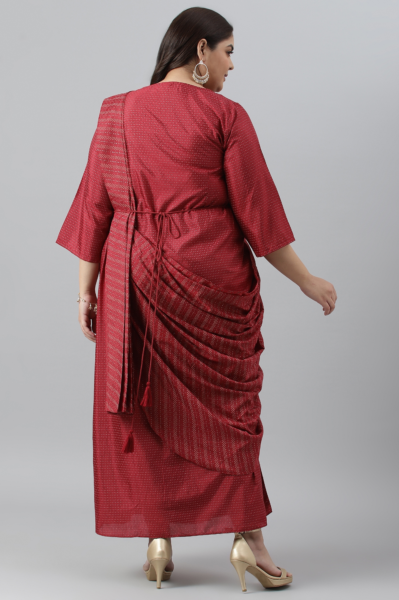 W | W Plus Size Maroon Insta Saree Dress with Embroidered Belt 1