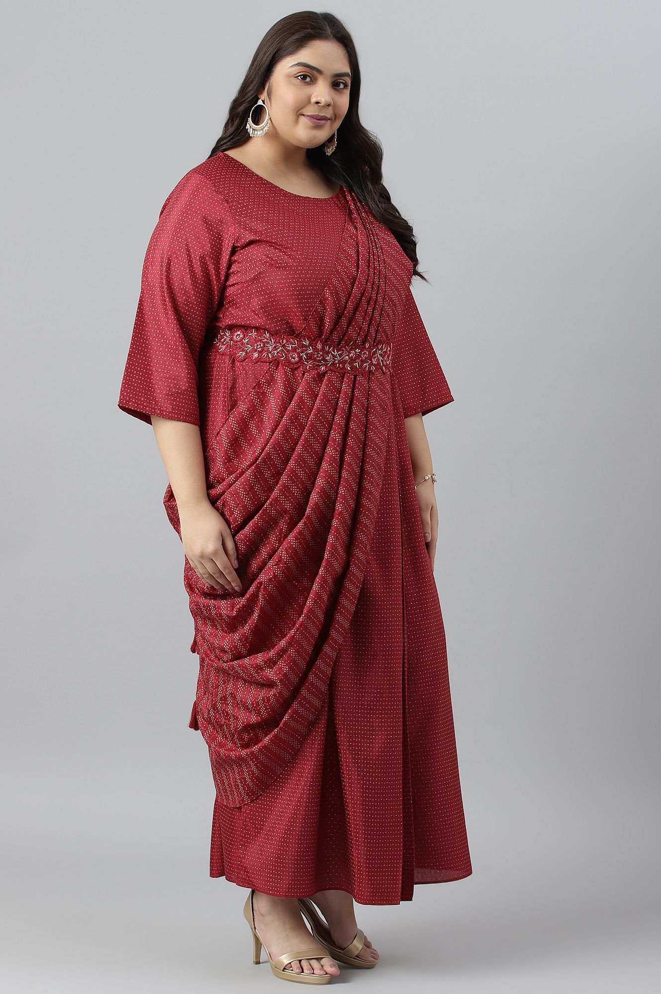 W | W Plus Size Maroon Insta Saree Dress with Embroidered Belt 2
