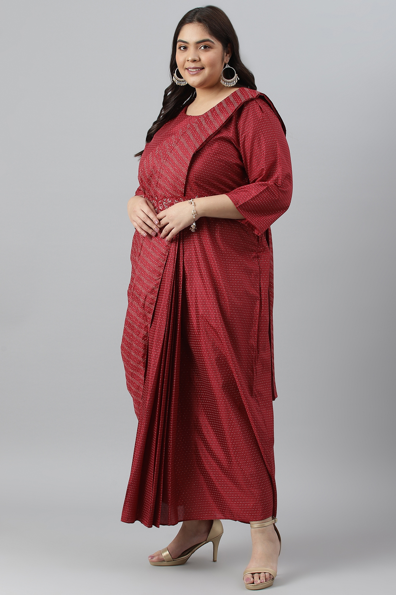 W | W Plus Size Maroon Insta Saree Dress with Embroidered Belt 3