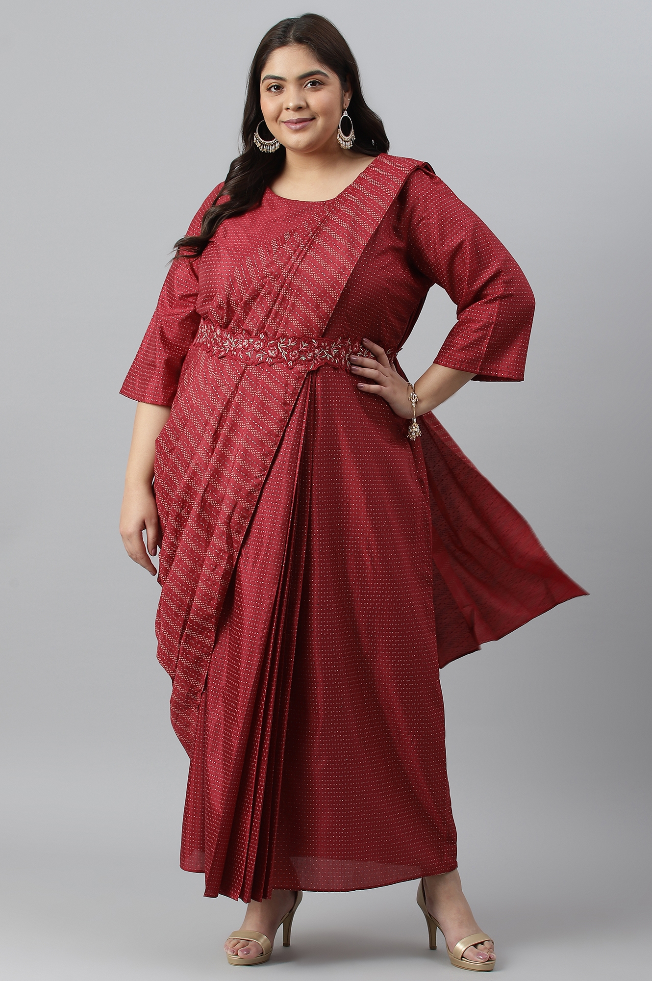 W | W Plus Size Maroon Insta Saree Dress with Embroidered Belt 5