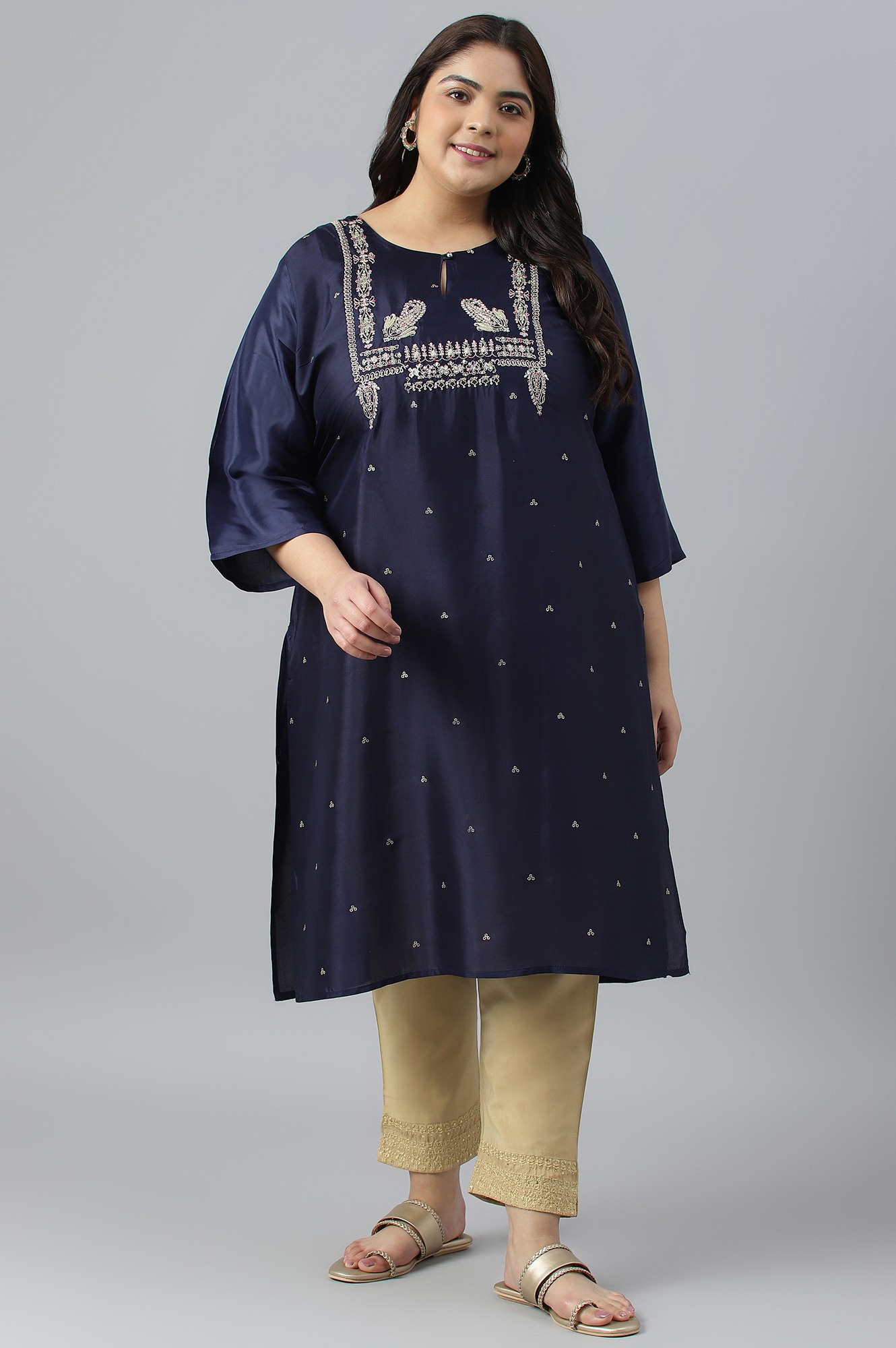 w Blue Shatung Festive Plus Size Kurta with Embroidery