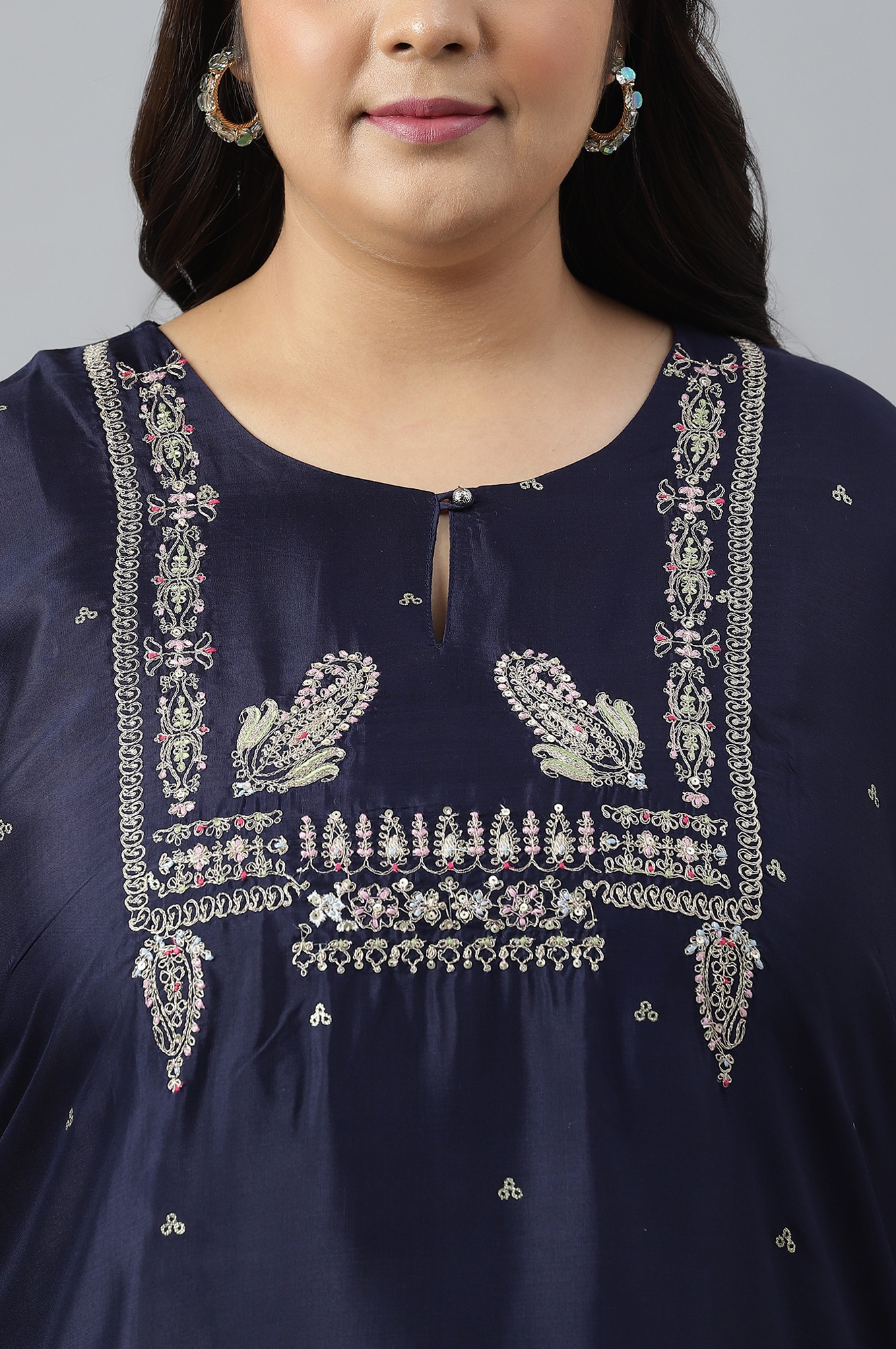 w Blue Shatung Festive Plus Size Kurta with Embroidery