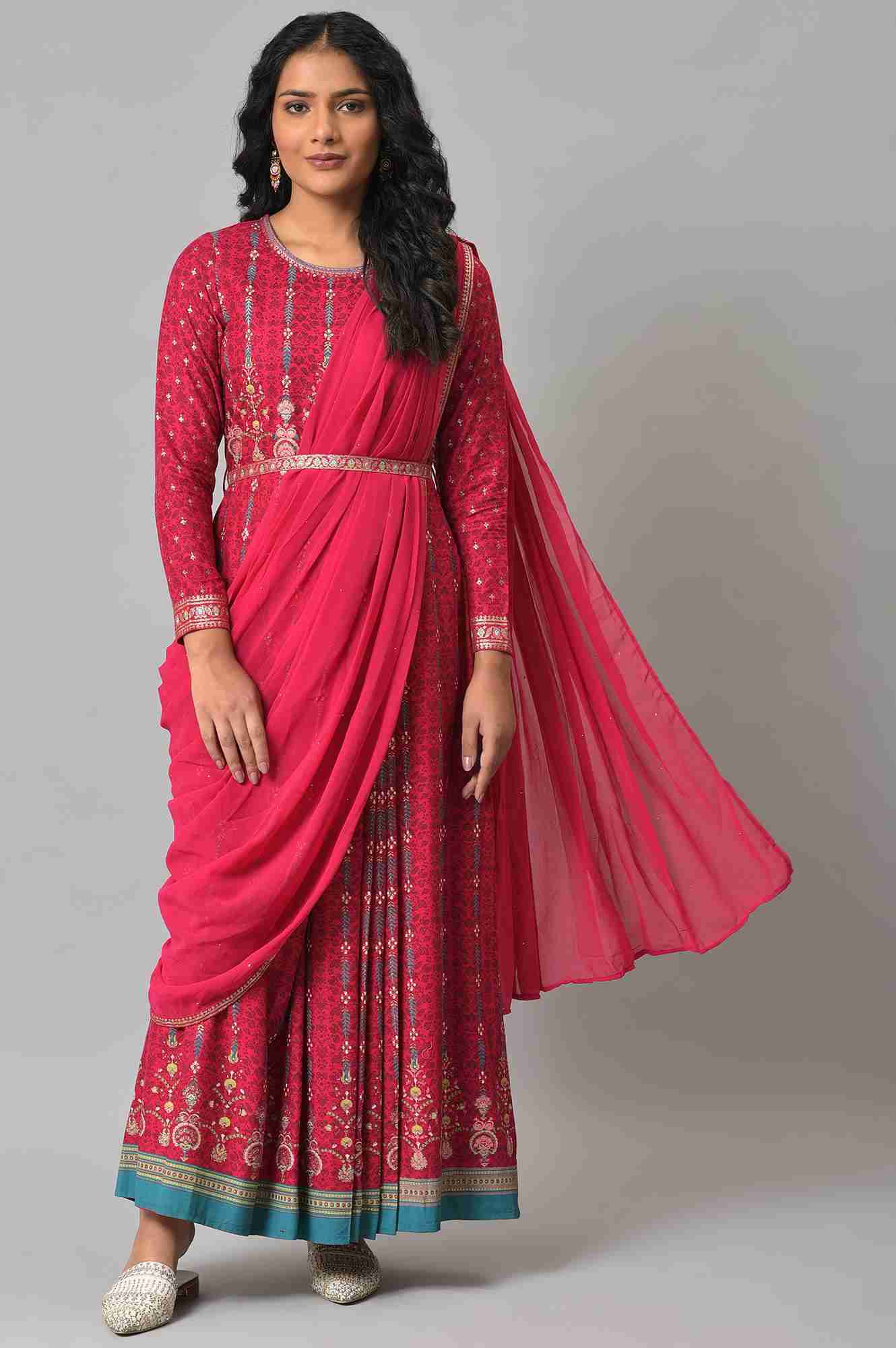 W Dark Pink Glitter Printed Insta Saree Dress