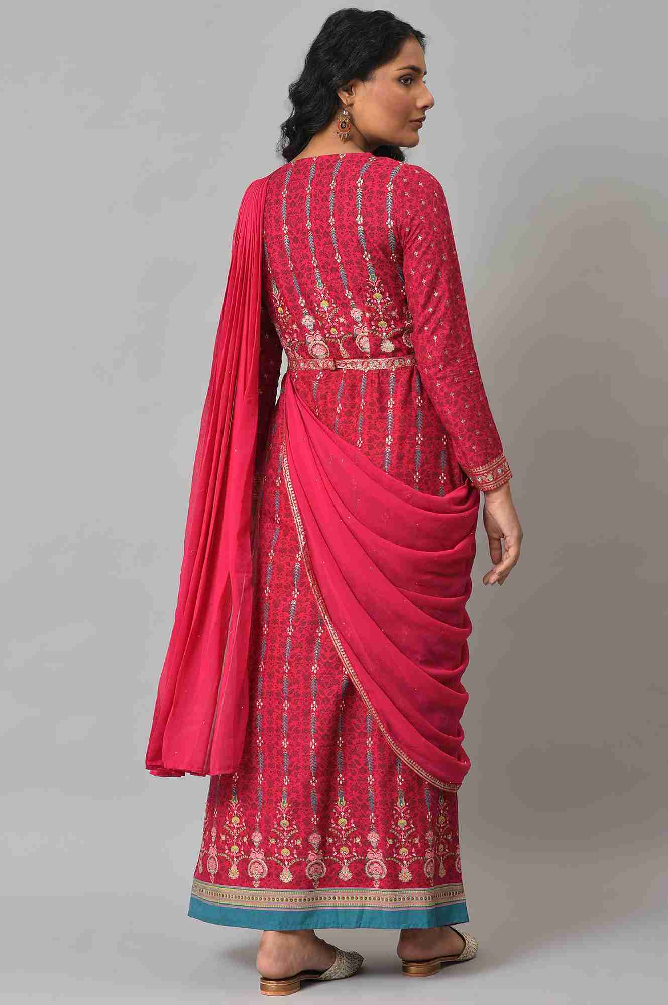 W Dark Pink Glitter Printed Insta Saree Dress