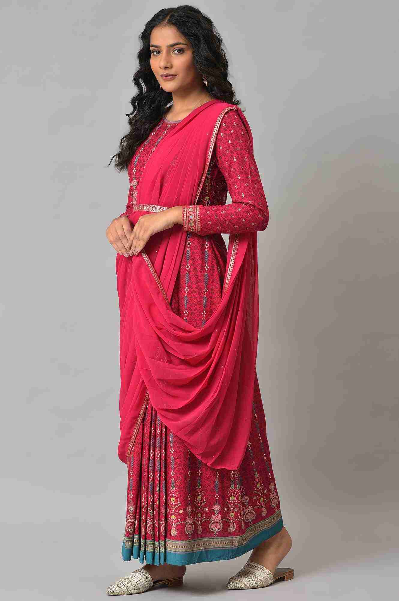 W Dark Pink Glitter Printed Insta Saree Dress
