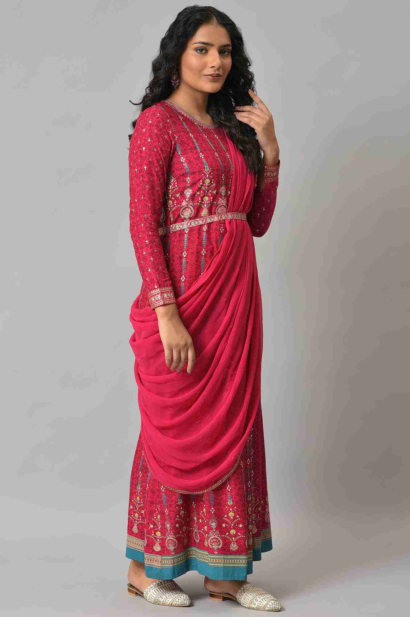 W Dark Pink Glitter Printed Insta Saree Dress