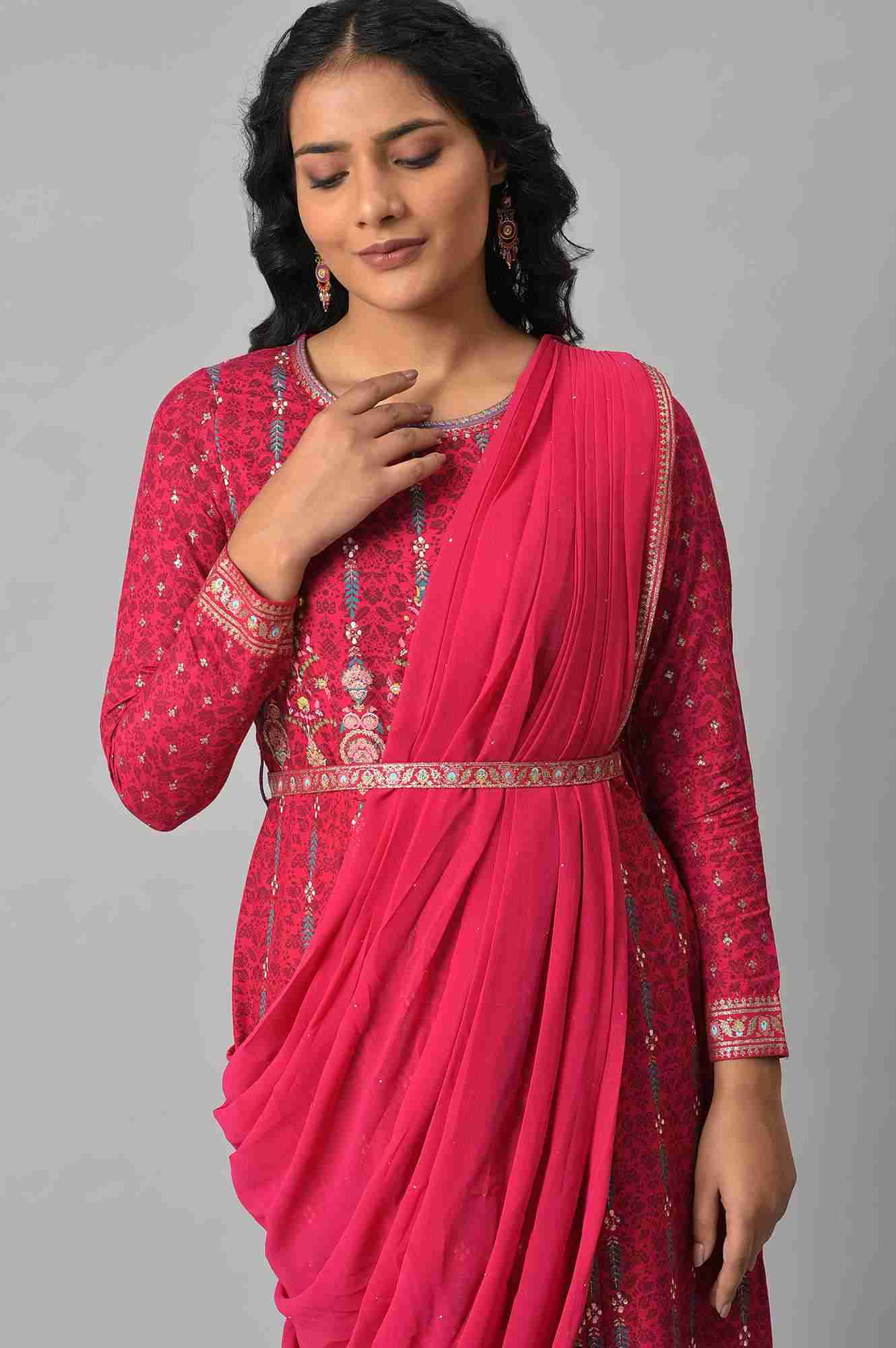 W Dark Pink Glitter Printed Insta Saree Dress