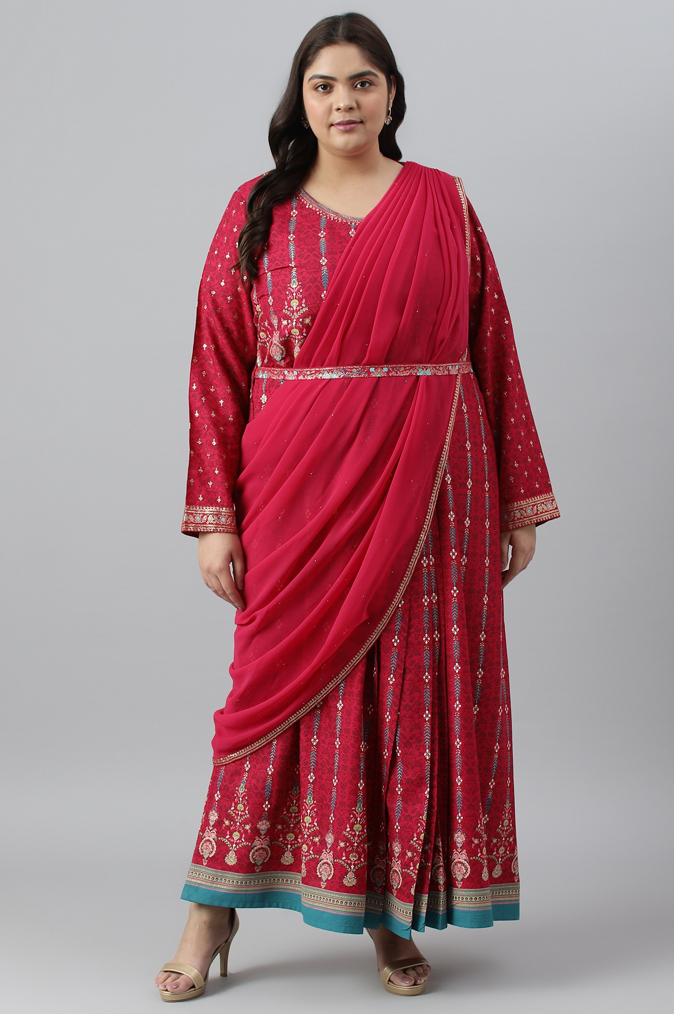 W Dark Pink Glitter Printed Festive Plus Size Saree Dress