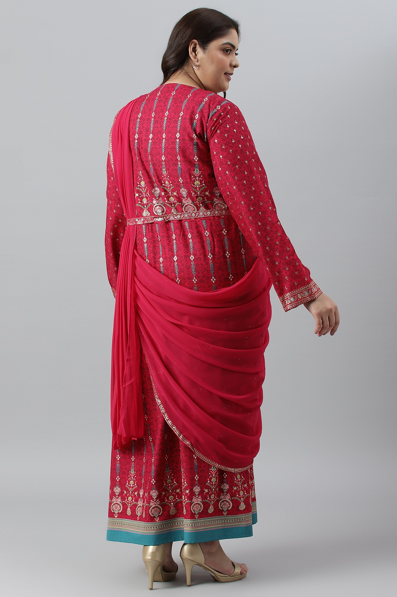 W Dark Pink Glitter Printed Festive Plus Size Saree Dress