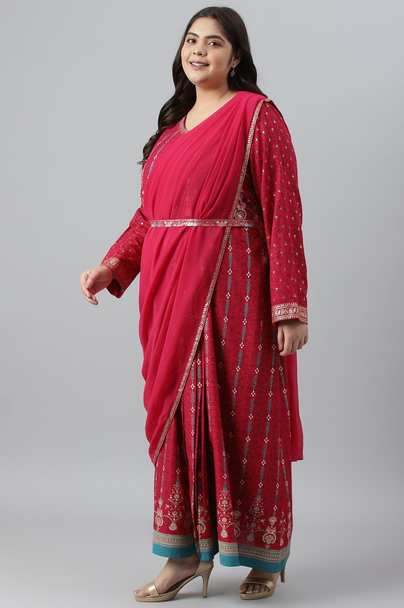 W Dark Pink Glitter Printed Festive Plus Size Saree Dress