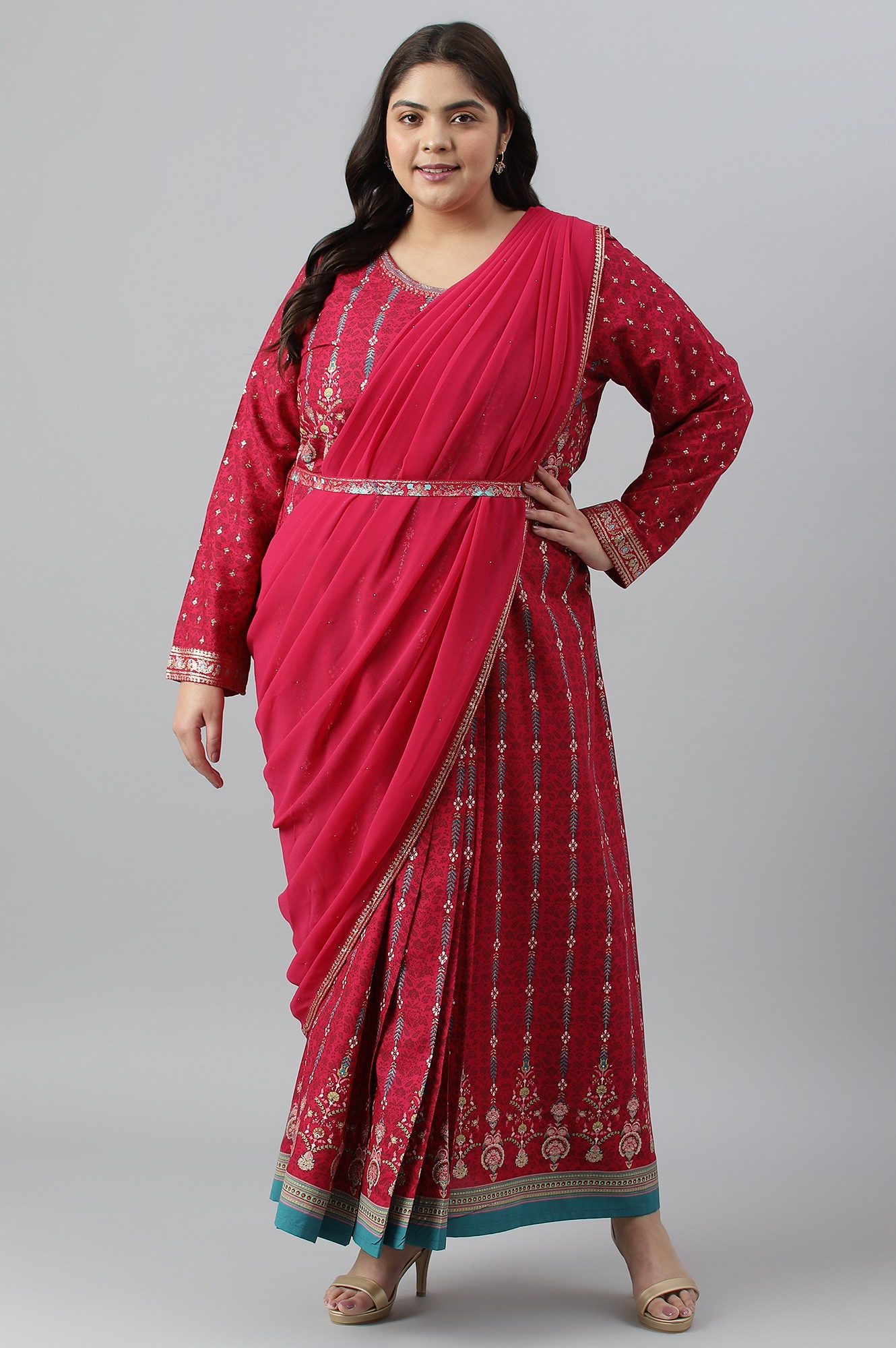 W Dark Pink Glitter Printed Festive Plus Size Saree Dress