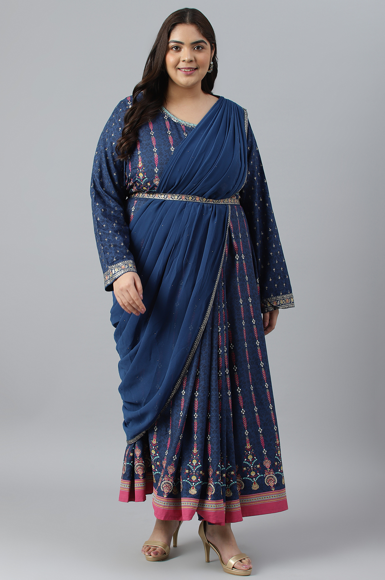 W Dark Blue Glitter Printed Festive Plus Size Insta Saree Dress