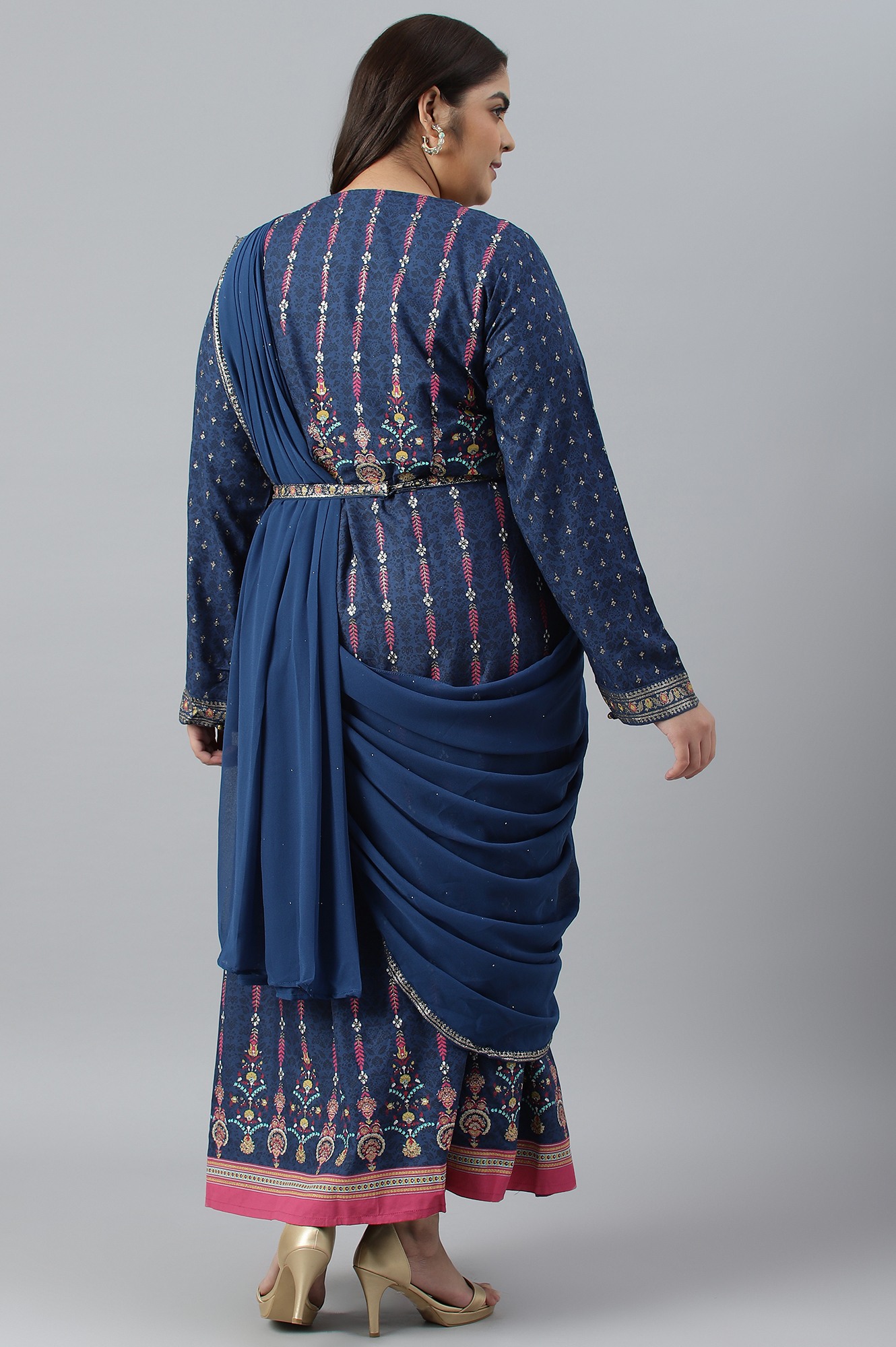 W Dark Blue Glitter Printed Festive Plus Size Insta Saree Dress