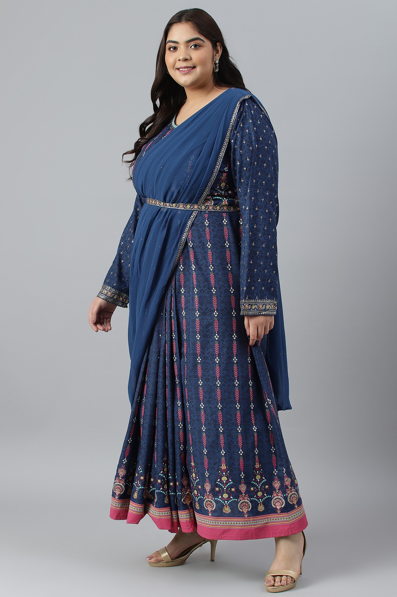 W Dark Blue Glitter Printed Festive Plus Size Insta Saree Dress