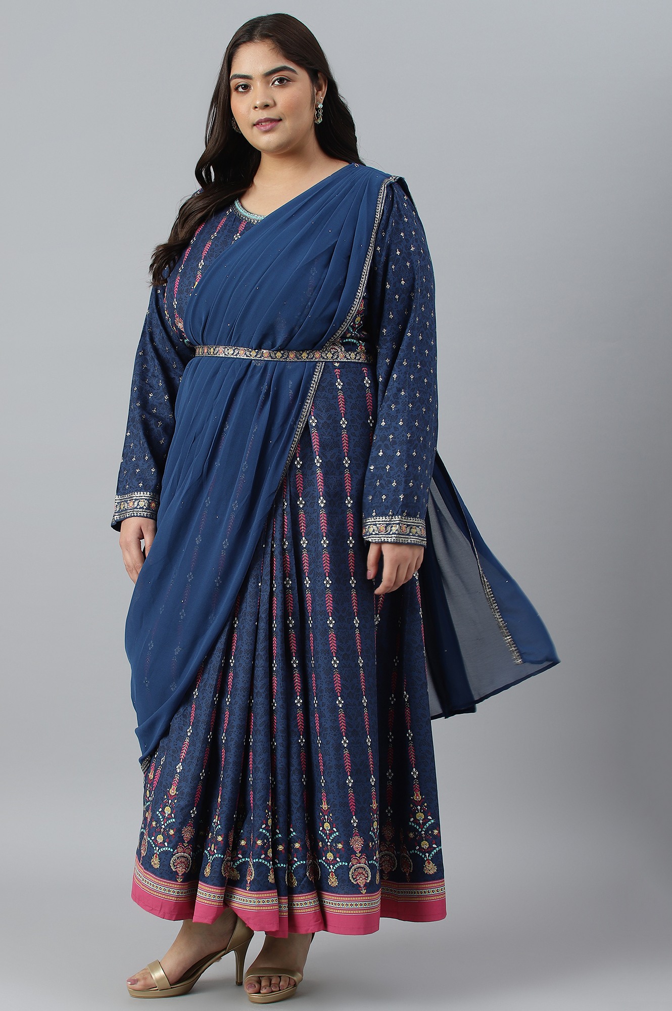 W Dark Blue Glitter Printed Festive Plus Size Insta Saree Dress