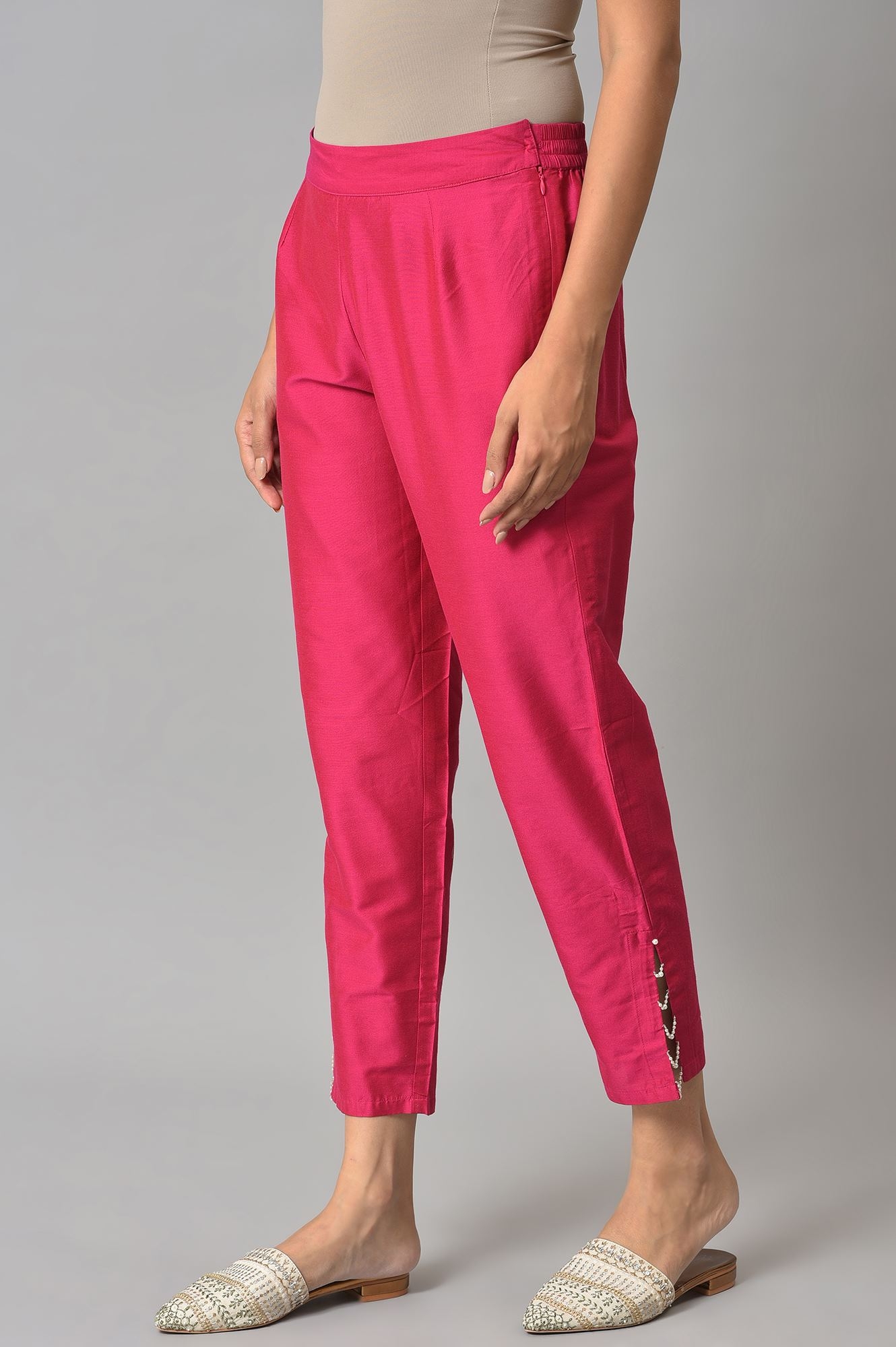 W | Women's Pink Viscose Solid Trousers 2
