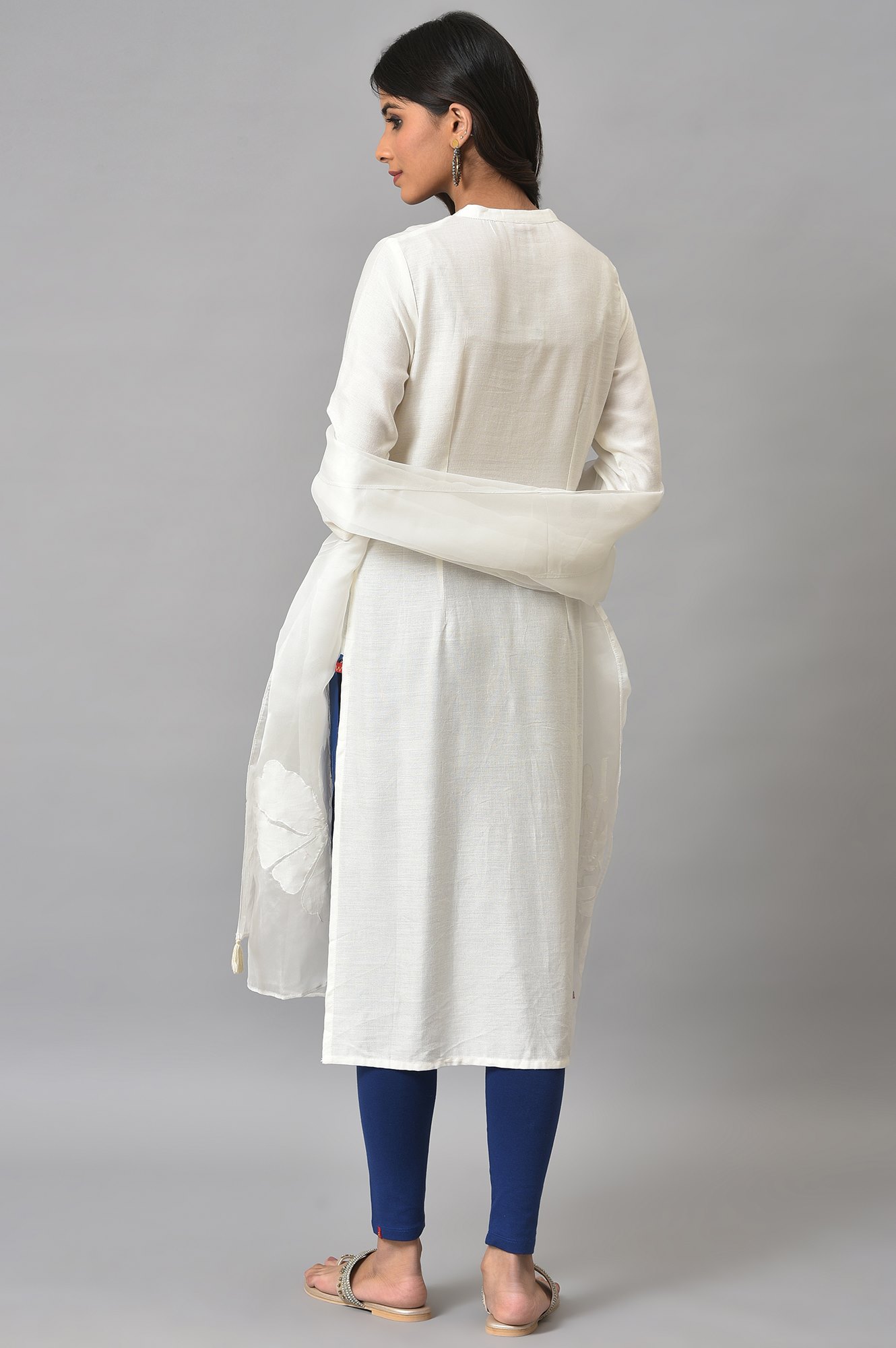 W Ecru Shirt Kurta with Dark Blue Tights and Organza Dupatta