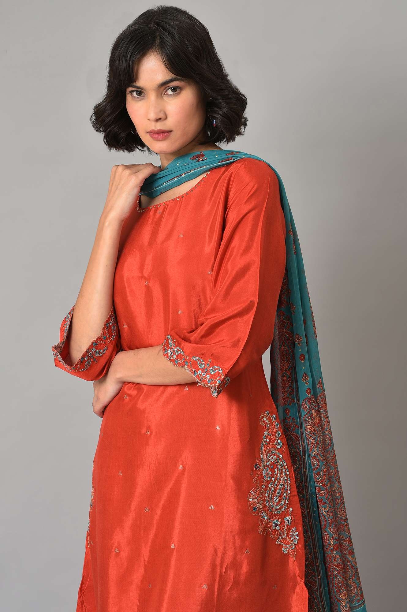 Creamish orange georgette classy embroidered kalidar with parallel pants  -SL4136 | Long sleeve dress, Classy, Dresses