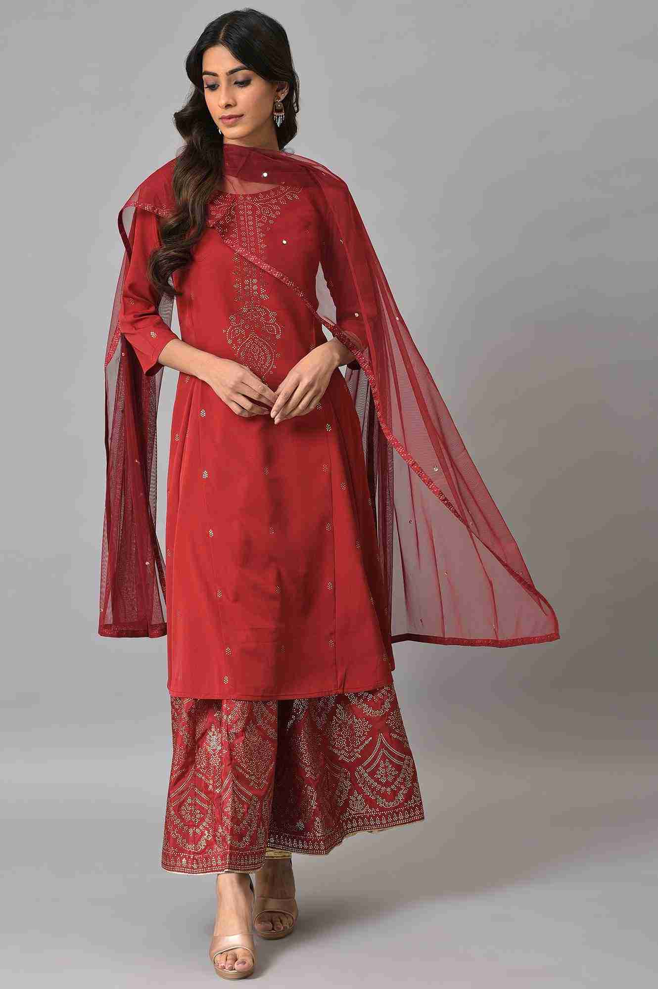 W Red Mukaish Printed Kurta with Flared Skirt and Mesh Dupatta