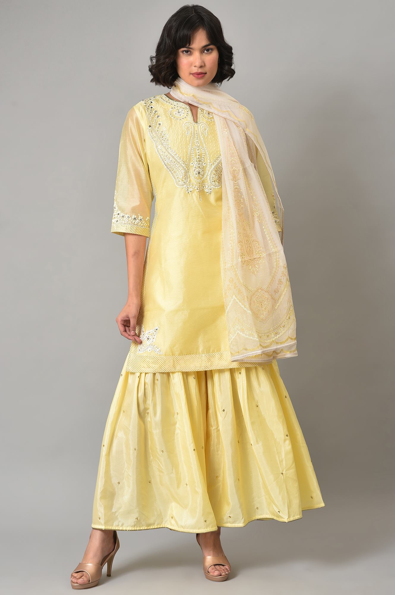 Wishful by W Light Yellow Short Kurta with Sharara and Dupatta