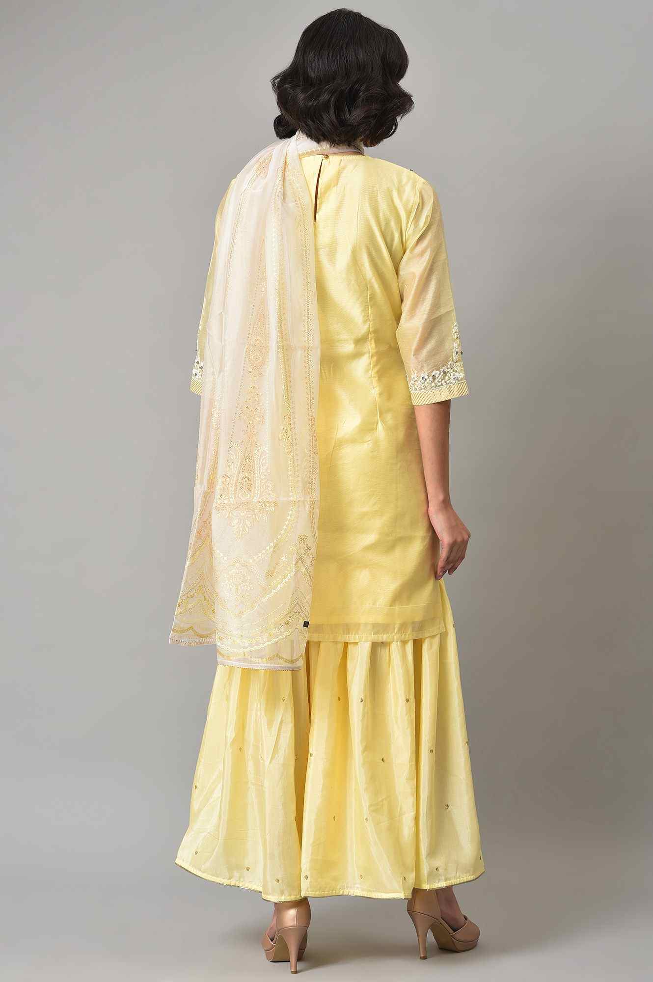 Wishful by W Light Yellow Short Kurta with Sharara and Dupatta