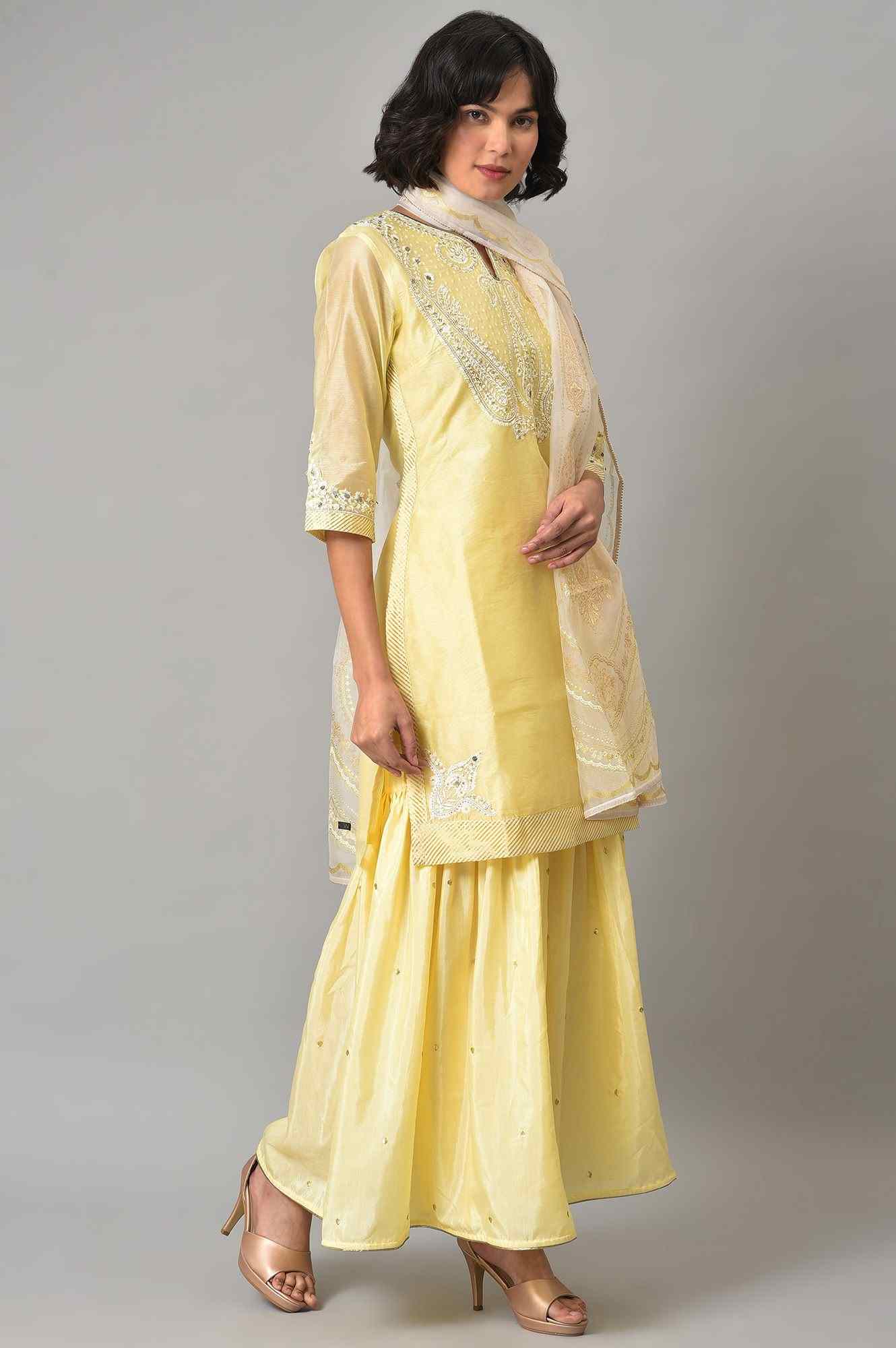 Wishful by W Light Yellow Short Kurta with Sharara and Dupatta