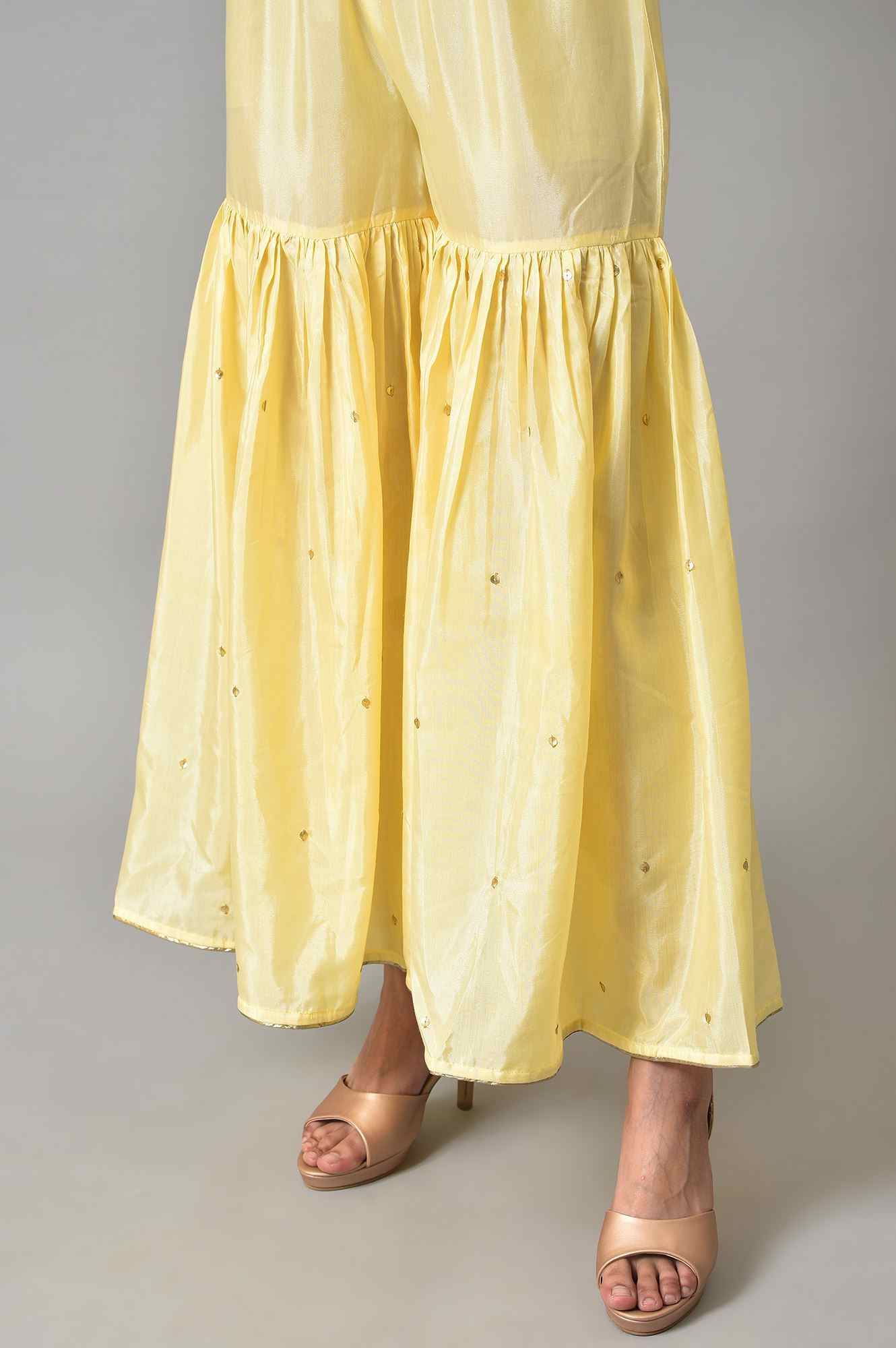 Wishful by W Light Yellow Short Kurta with Sharara and Dupatta