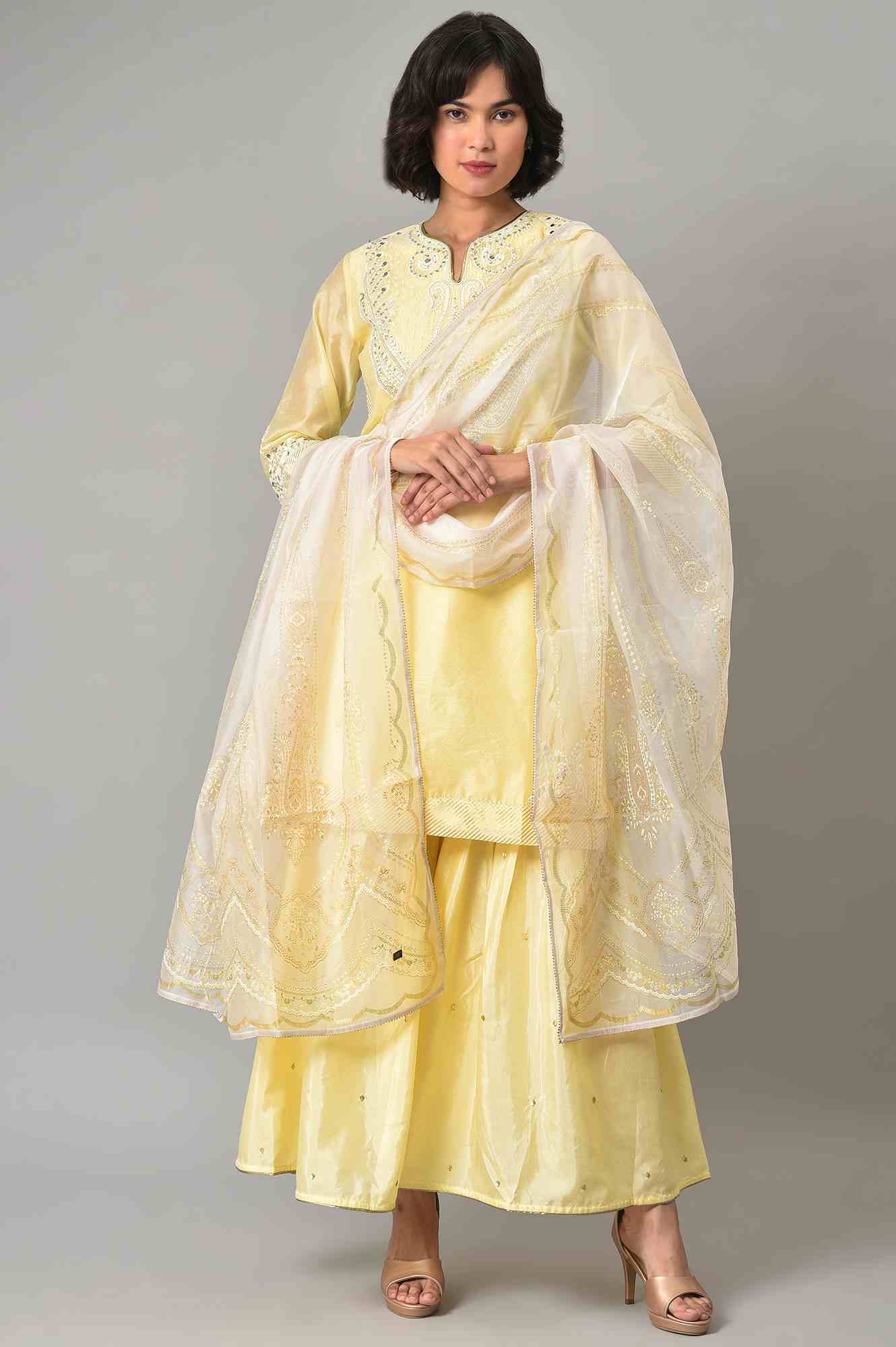 Wishful by W Light Yellow Short Kurta with Sharara and Dupatta