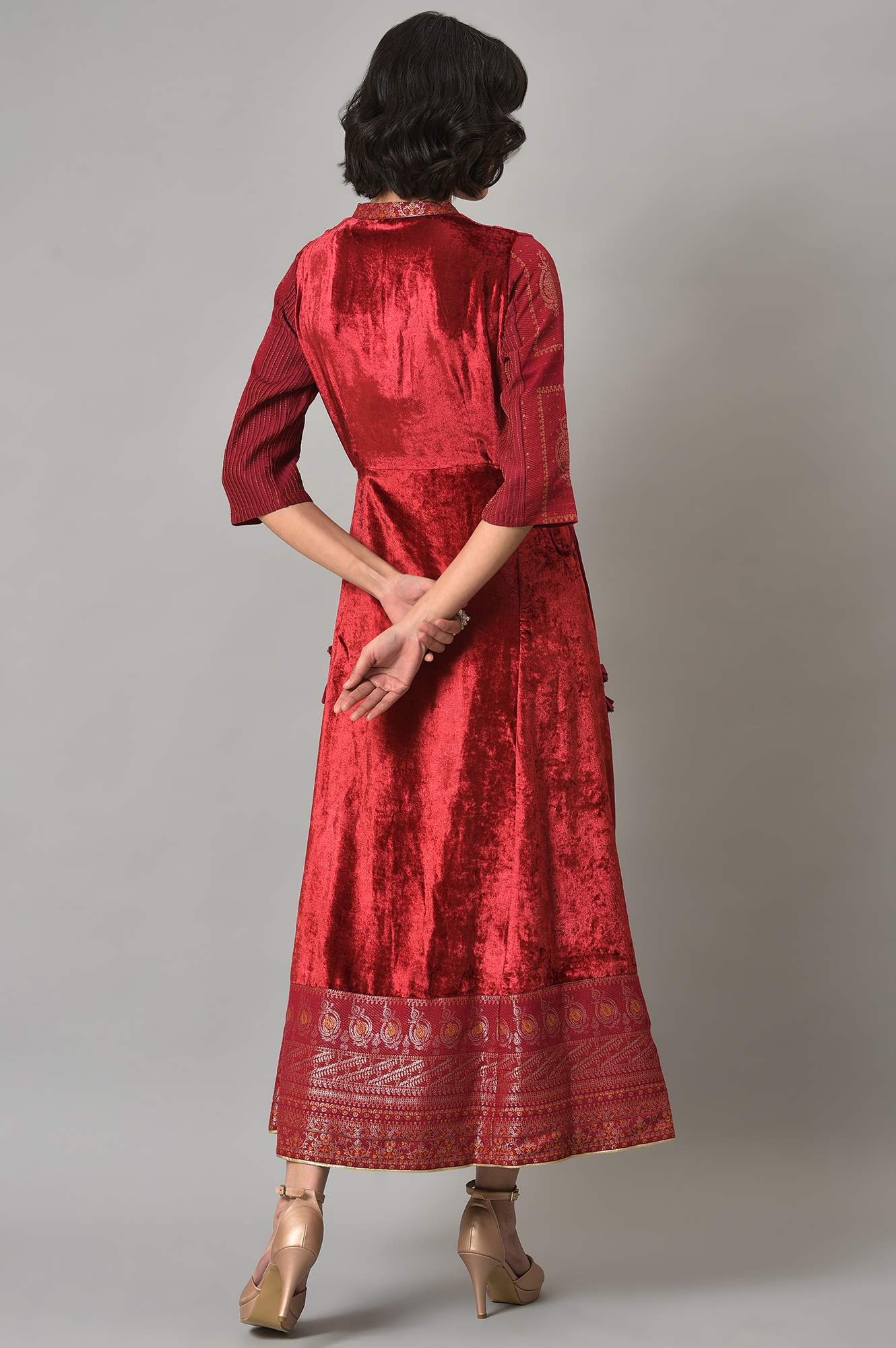 W | Wishful by W Dark Red Velvet Festive Dress with Sequin work 1