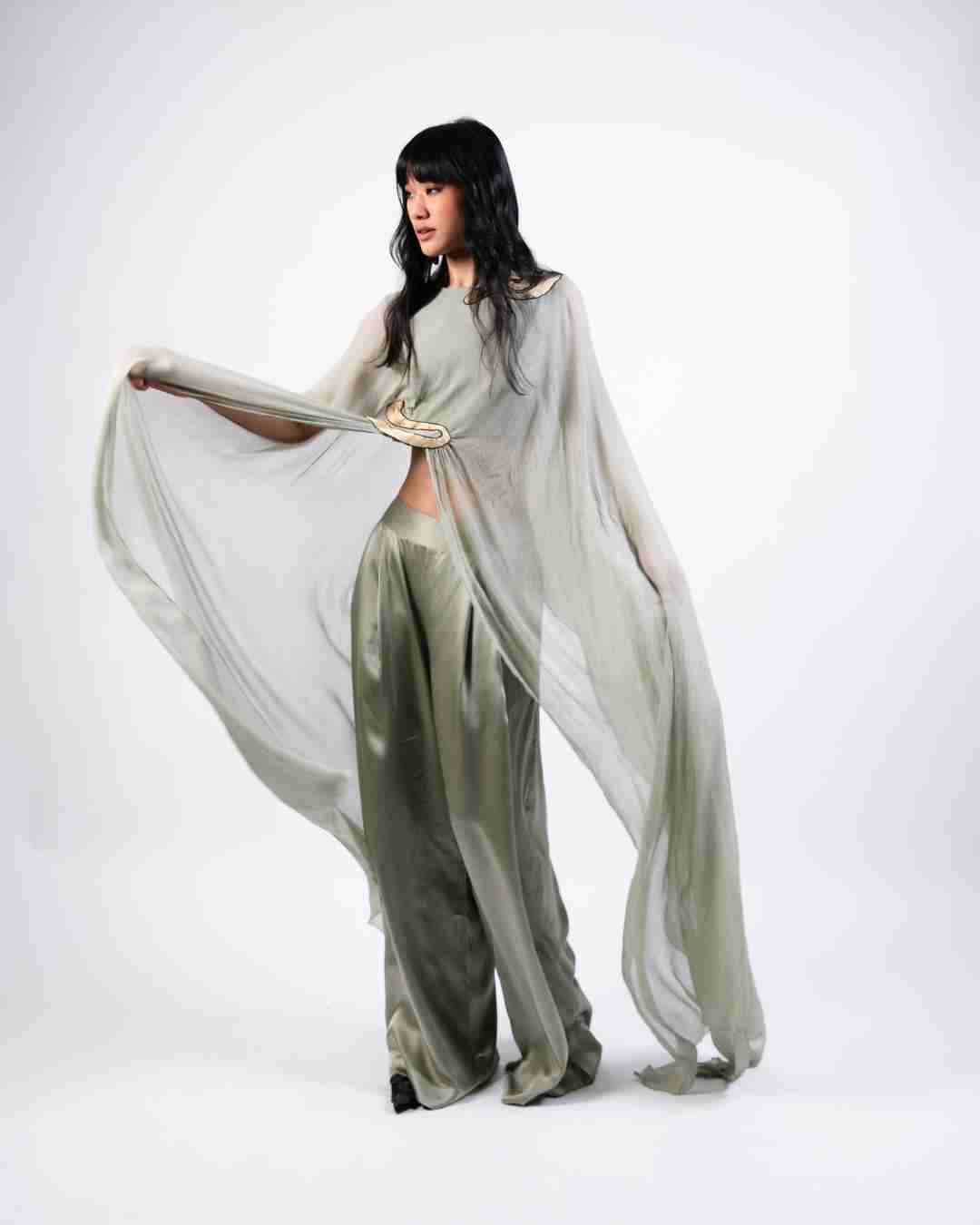 AKOK Green Silk Dupatta Cape with Trouser Co-ords
