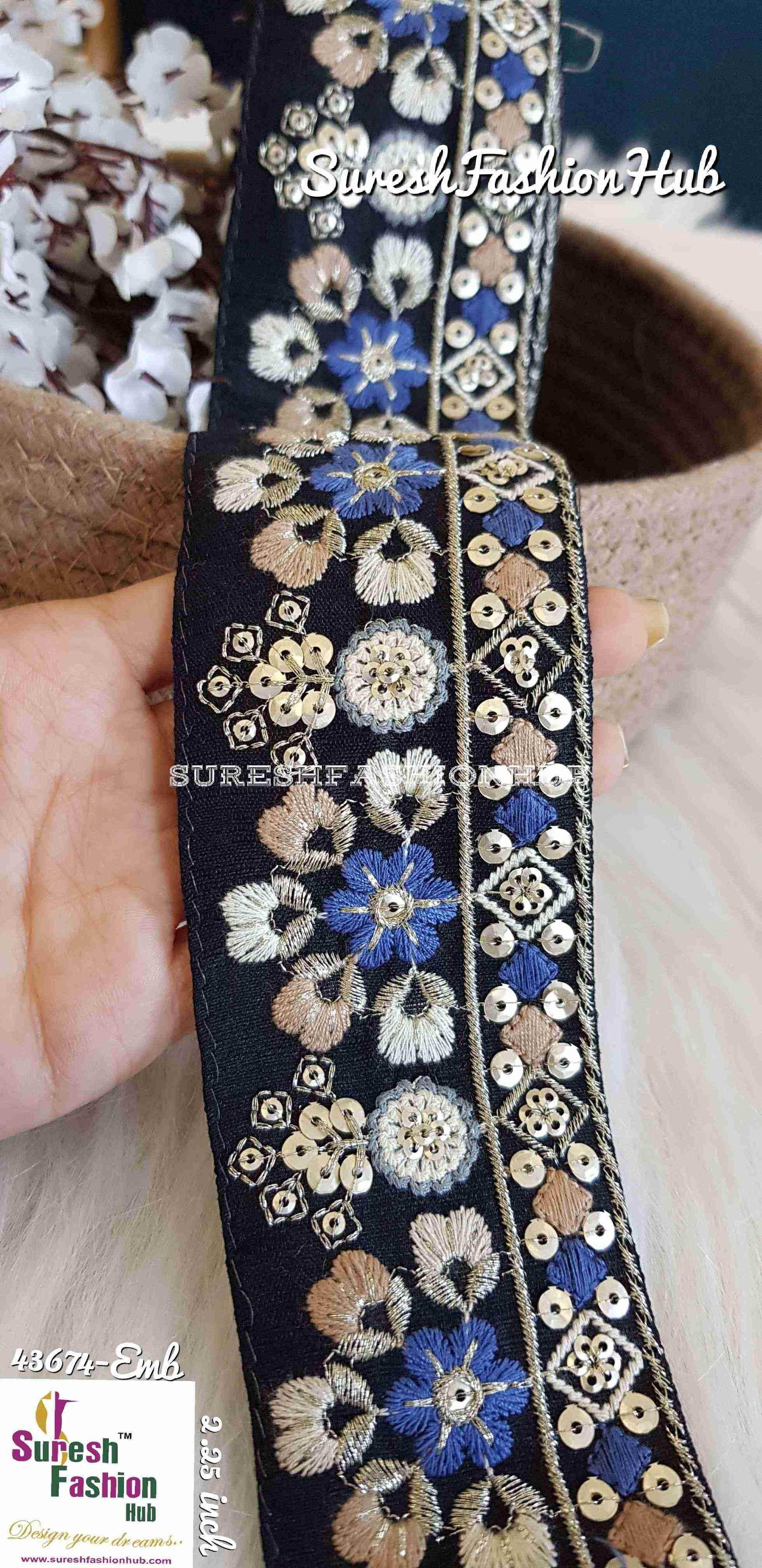 Fine Blue Mix Floral Embroidered Trim