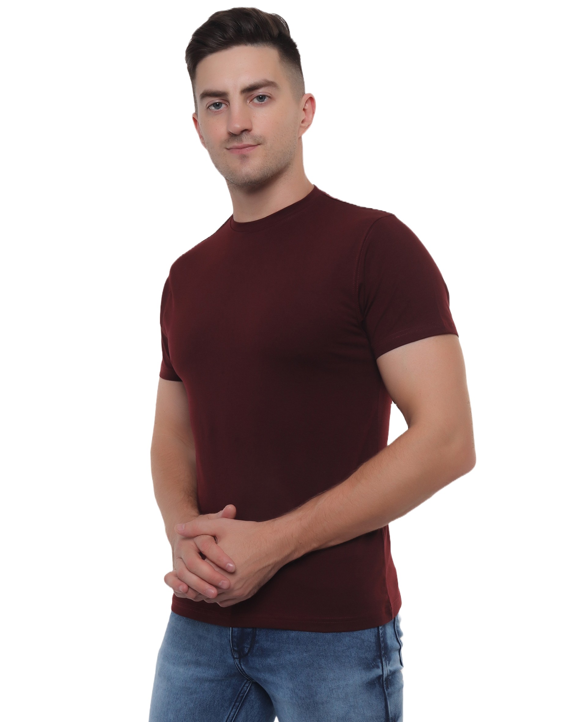 Wine Cotton Lycra Round Neck T Shirt