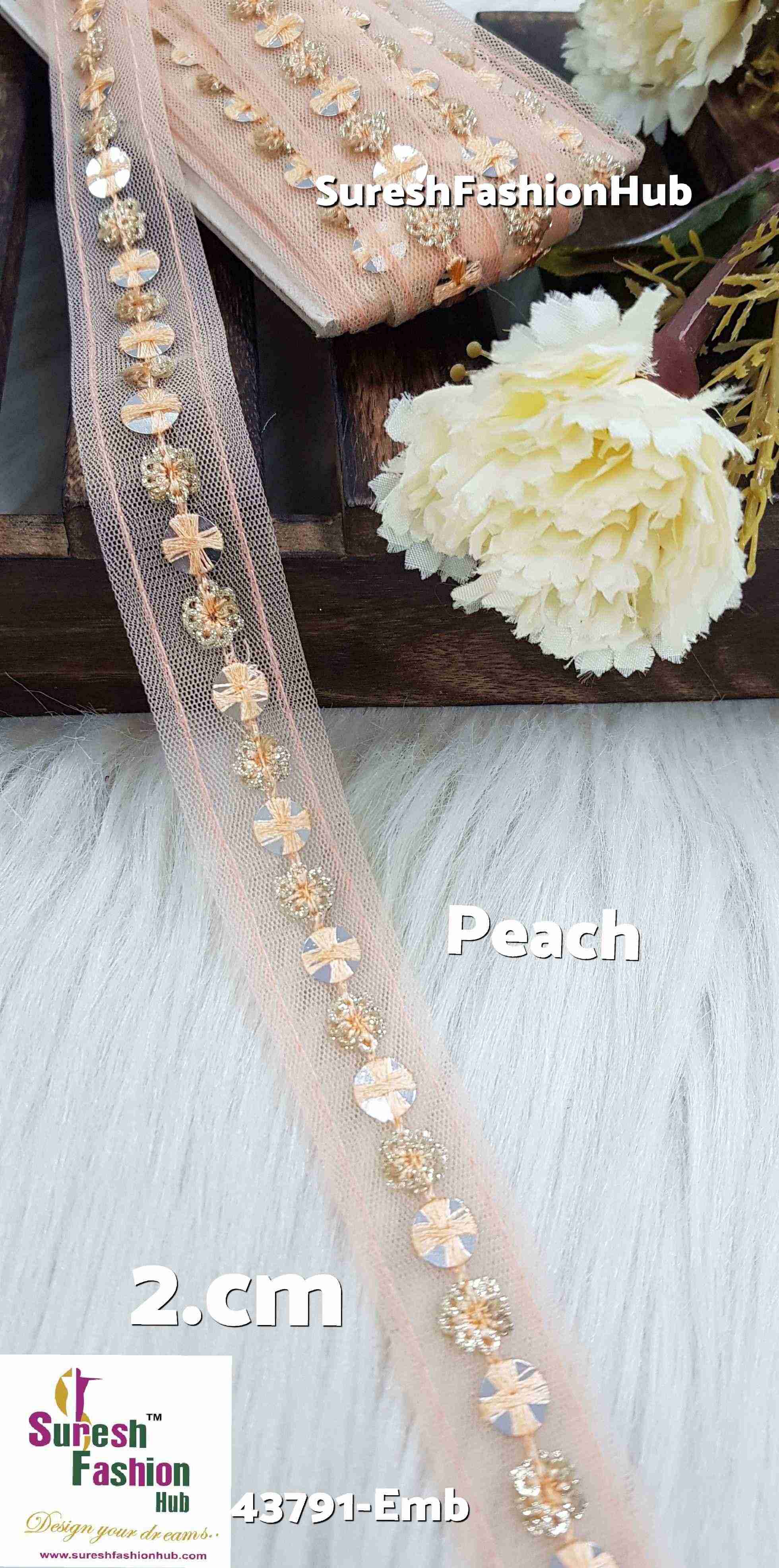 Peach Embellished Floral Lace Trim